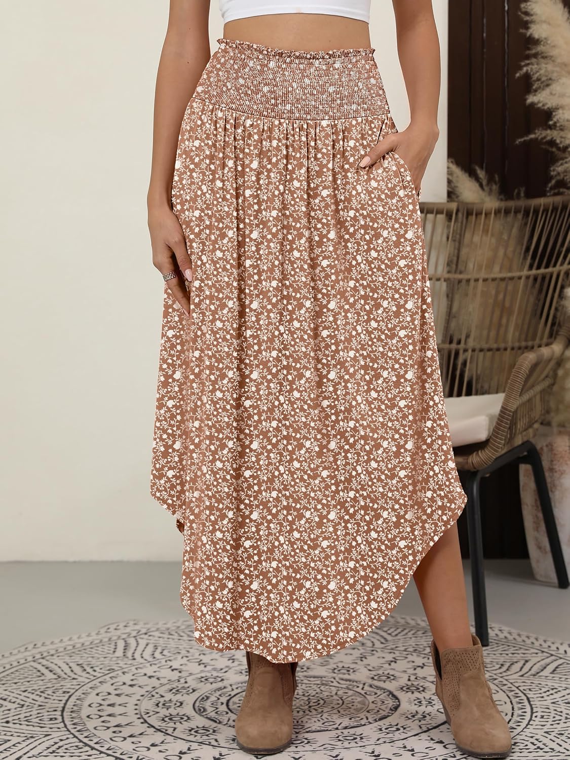 Detalle 2 de ANRABESS Women's Maxi Skirt: Boho Floral, High-Waisted, Pockets, Flowy Summer Style