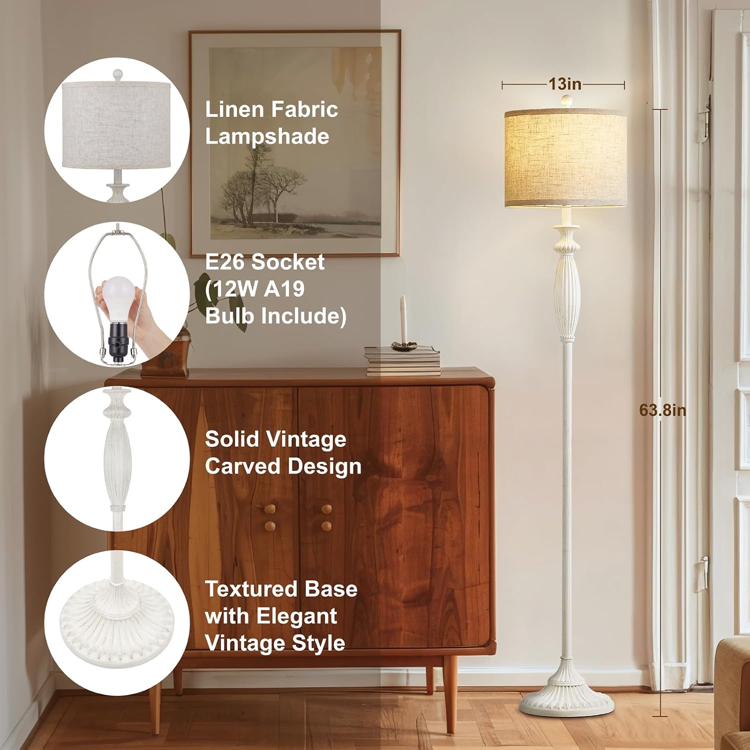 Detalle de Hikczc H-1F-251102-A Vintage Floor Lamp with Oatmeal Linen Shade