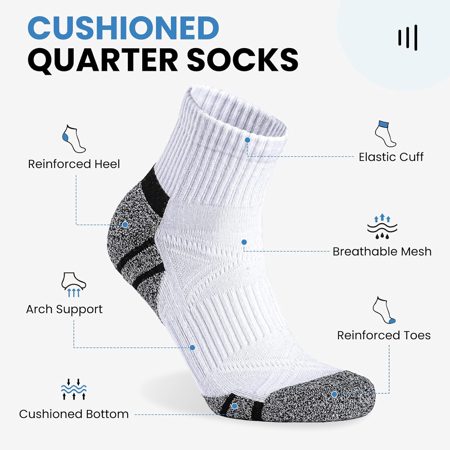 Detalle de Stoeury Quarter Ankle Socks for Men – Cushioned, Anti-Blister, Arch Support (6 Pairs)