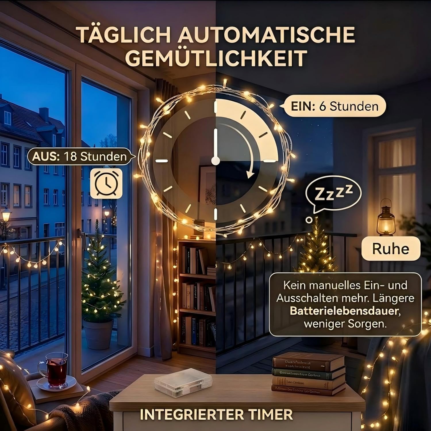 Detalle de Lichterkette Außen Batterie Timer 10 m, 100 LEDs Warmweiß – IP44, batteriebetrieben