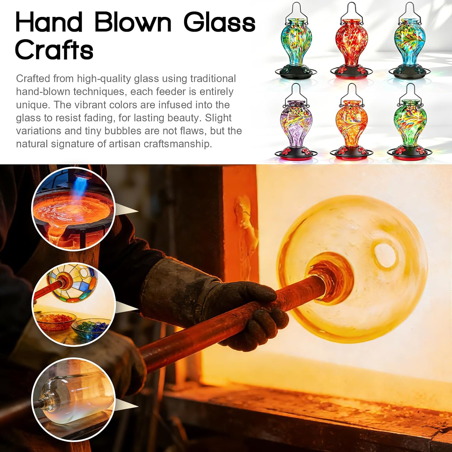 Thumbnail 5 de Tegarbed Hand Blown Glass Hummingbird Feeder, 24oz Blue Phoenix