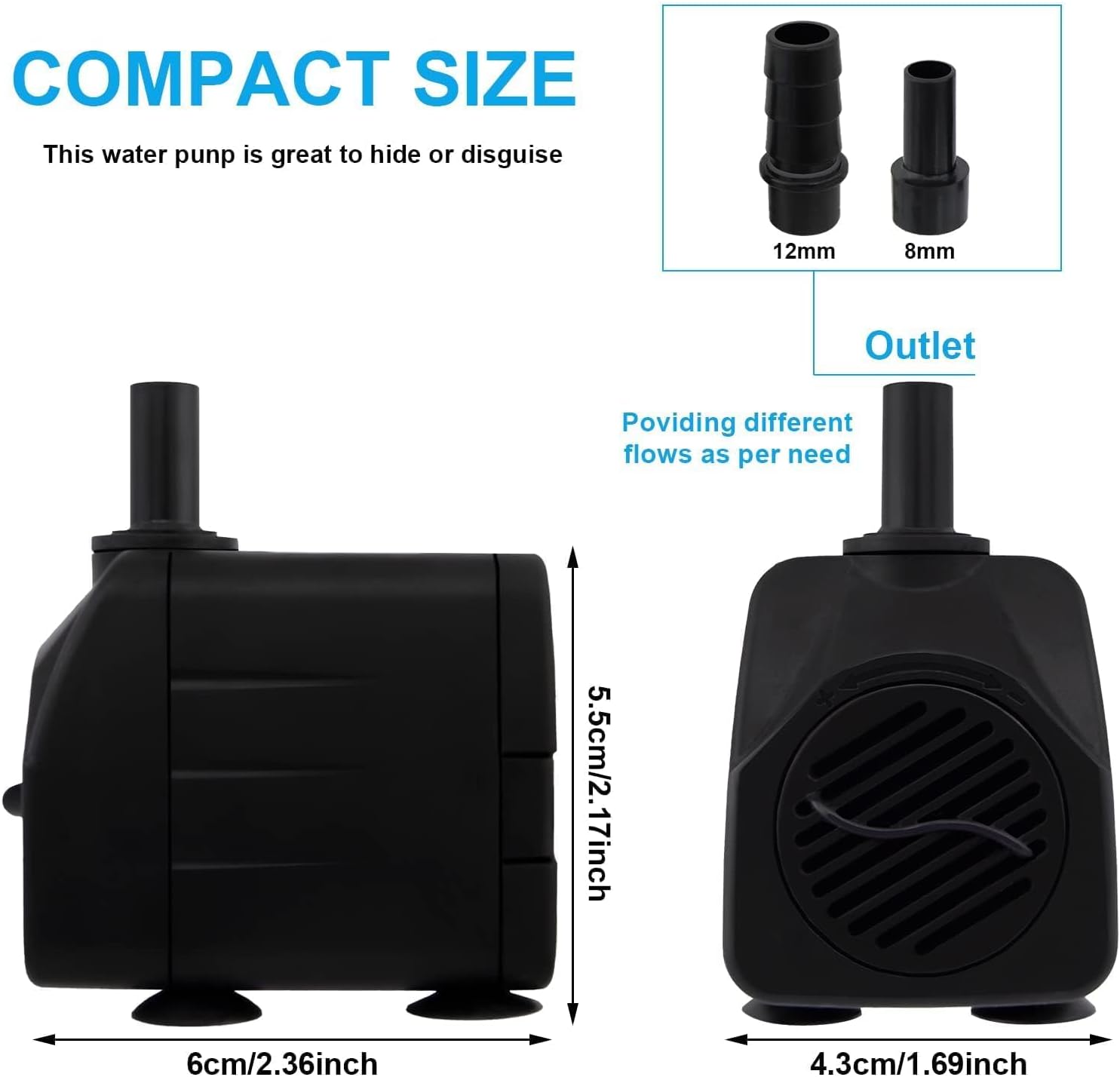 Detalle de Awroutdoor Tauchpumpe 10 W (600 l/h, bis 115–125 cm) für Teich, Aquarium, Springbrunnen & Hydroponik-Systeme