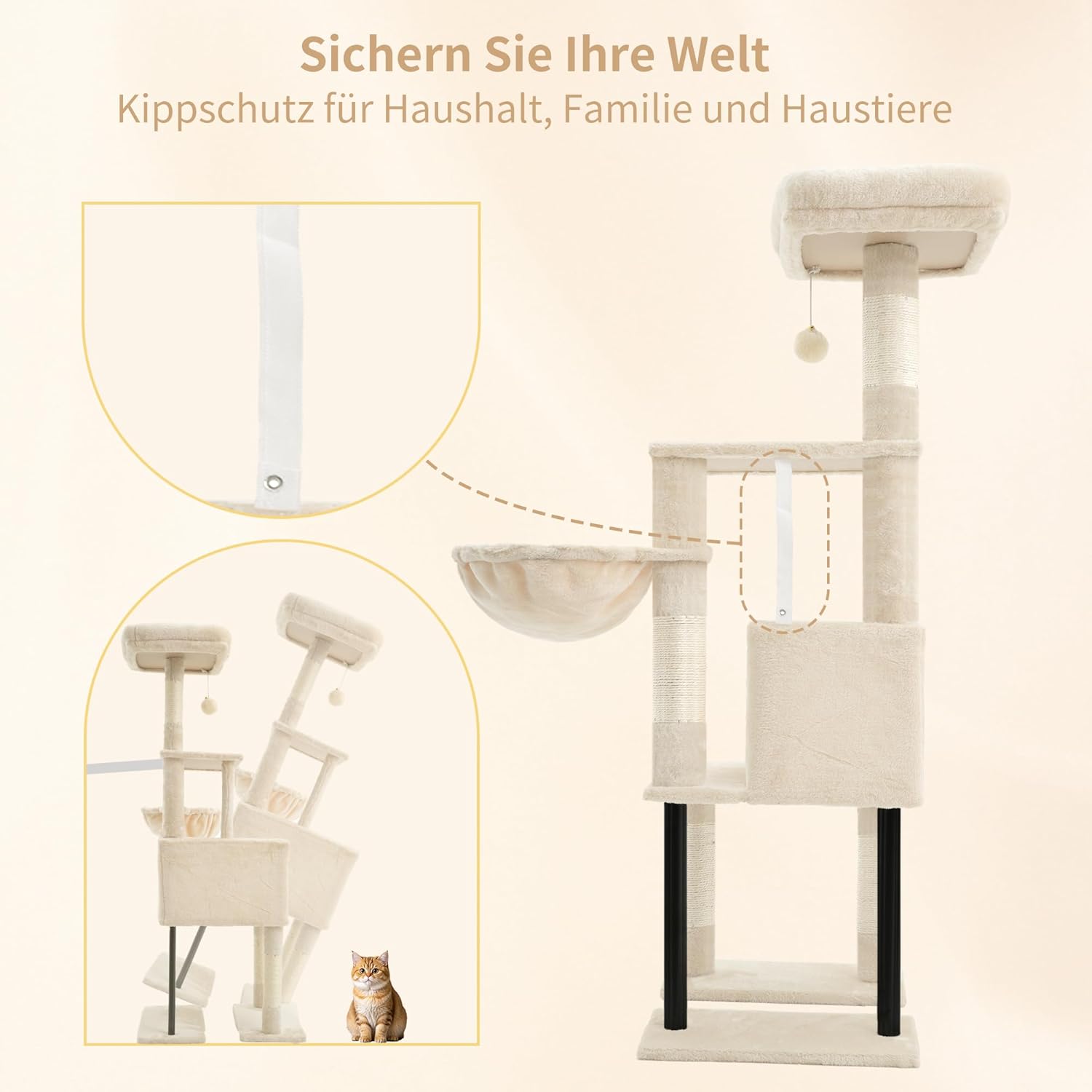Thumbnail 6 de Heybly Kratzbaum, 125 cm – Kleiner Katzenbaum mit Höhle, zwei Plattformen und gemütlichem Korb