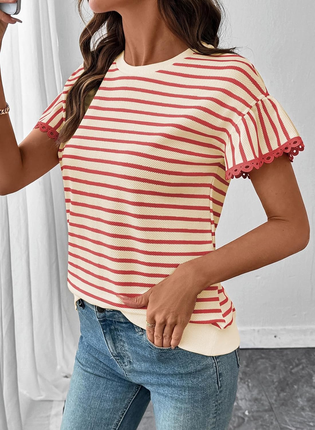 Detalle de SHEWIN Women Summer Loose Fit Top: Trendy Rib Knit Stripe Shirt (2026)