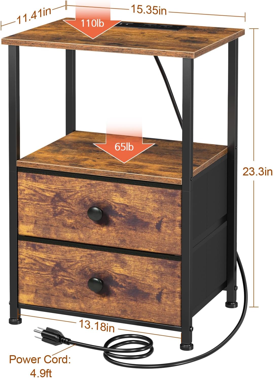 Detalle de LOAKEKEL Night Stand Set of 2 with Charging Station, 2 Fabric Drawers and Storage Shelves
