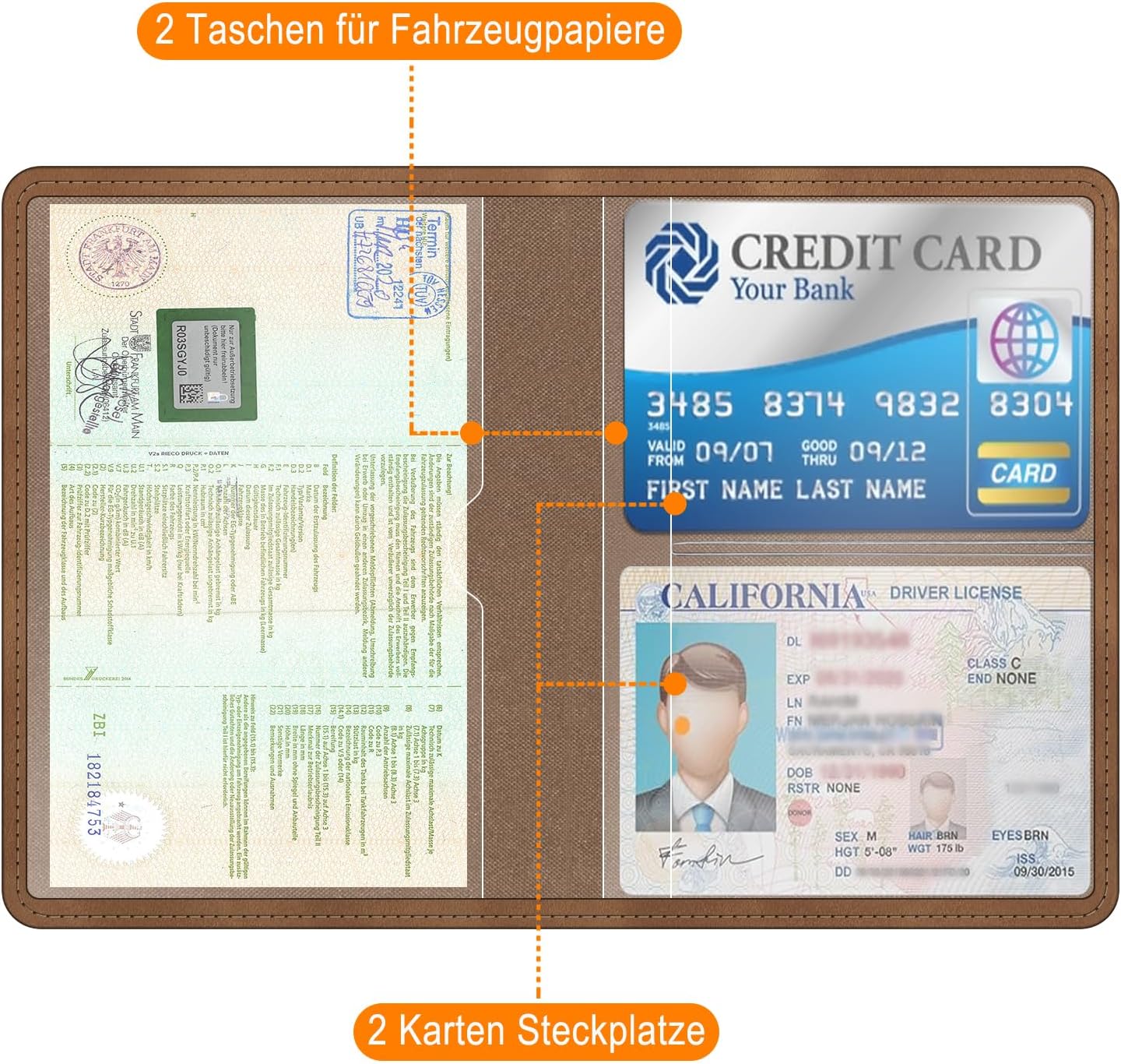 Detalle de FINTIE KFZ Fahrzeugschein Hülle & Versicherungshalter mit Magnetverschluss – Organizer fürs Handschuhfach, Braun