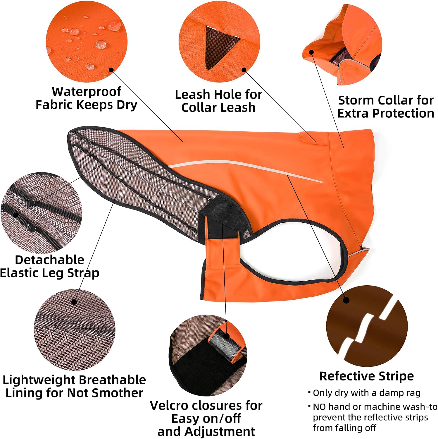 Detalle 2 de Mile High Life dog raincoat (XS, Orange) with reflective stripe and adjustable easy step-in closure