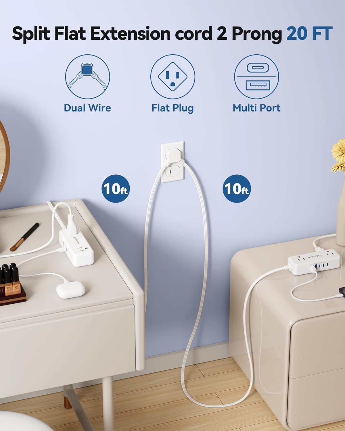 Detalle 2 de kakahigh 788 Split Extension Cord, 20-Foot, Flat Plug, 4 Outlets and USB-C