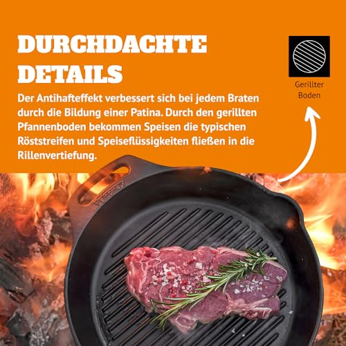 Detalle de Petromax Grill-Feuerpfanne mit 2 Henkeln – Gusseisenpfanne für Herd, Backofen, Gasflamme und Outdoor