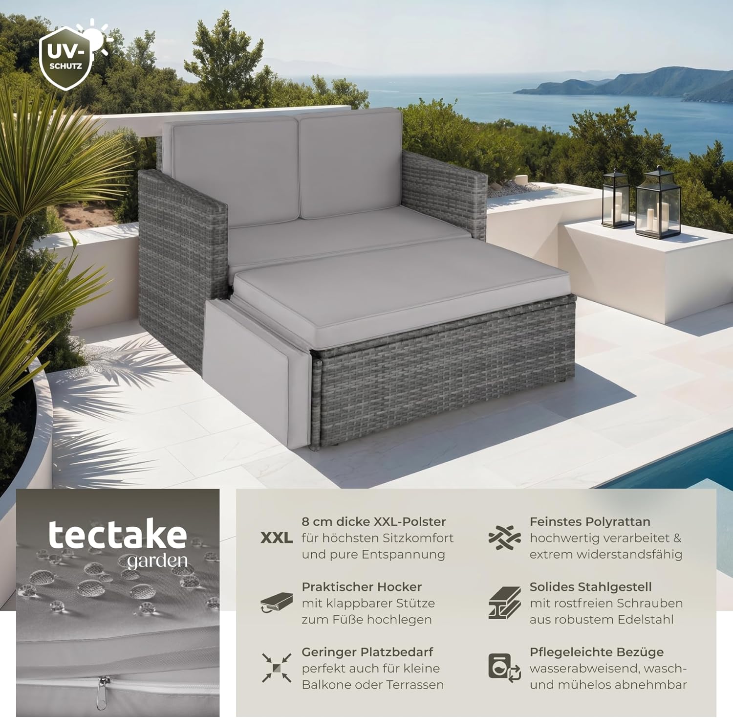 Detalle 2 de tectake Sofa Set: 2-Sitzer Couch mit Hocker, Schlaffunktion und wetterfestem Polyrattan für Outdoor