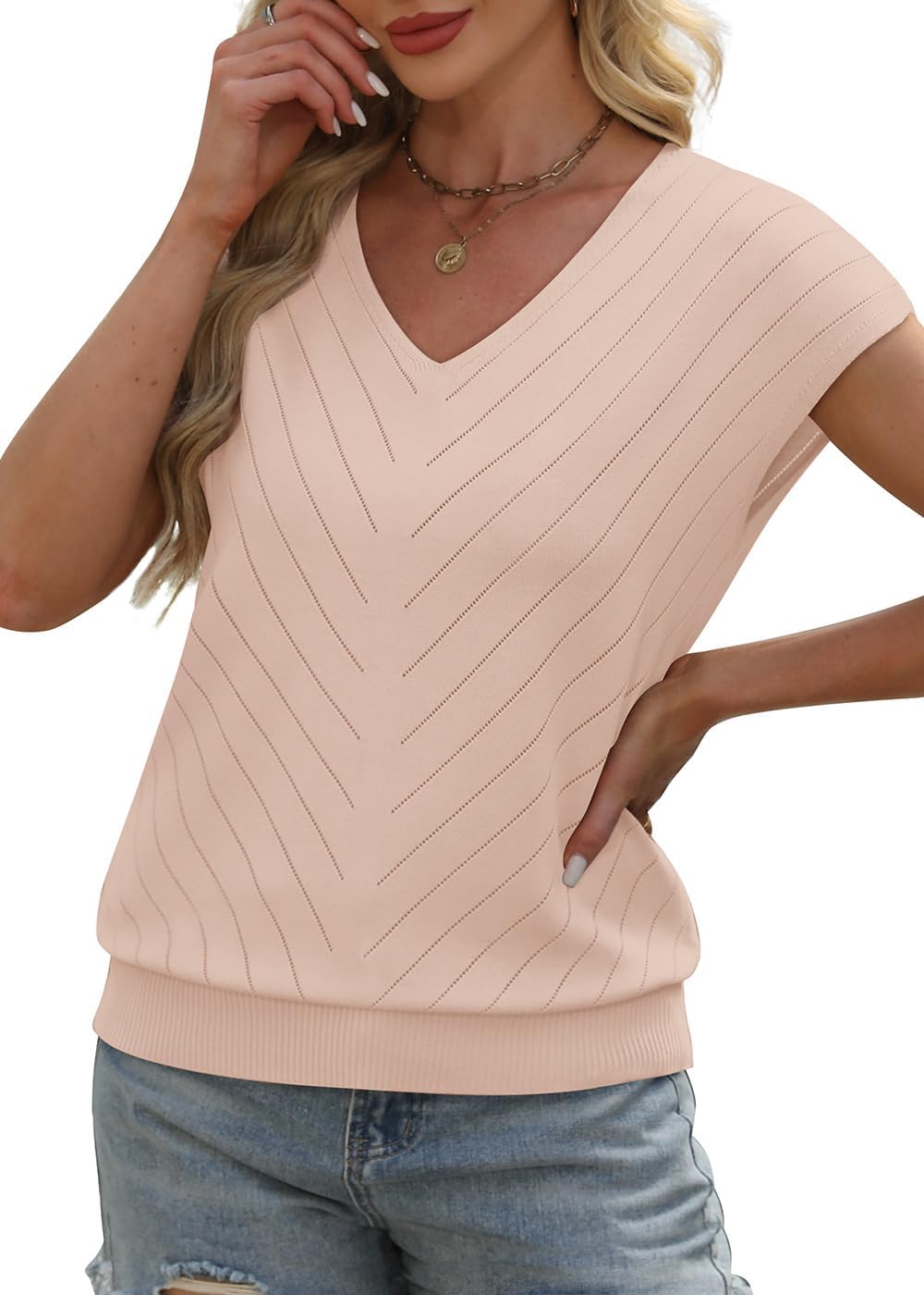Detalle de WIHOLL Women’s Short Sleeve V-Neck Sweater Top