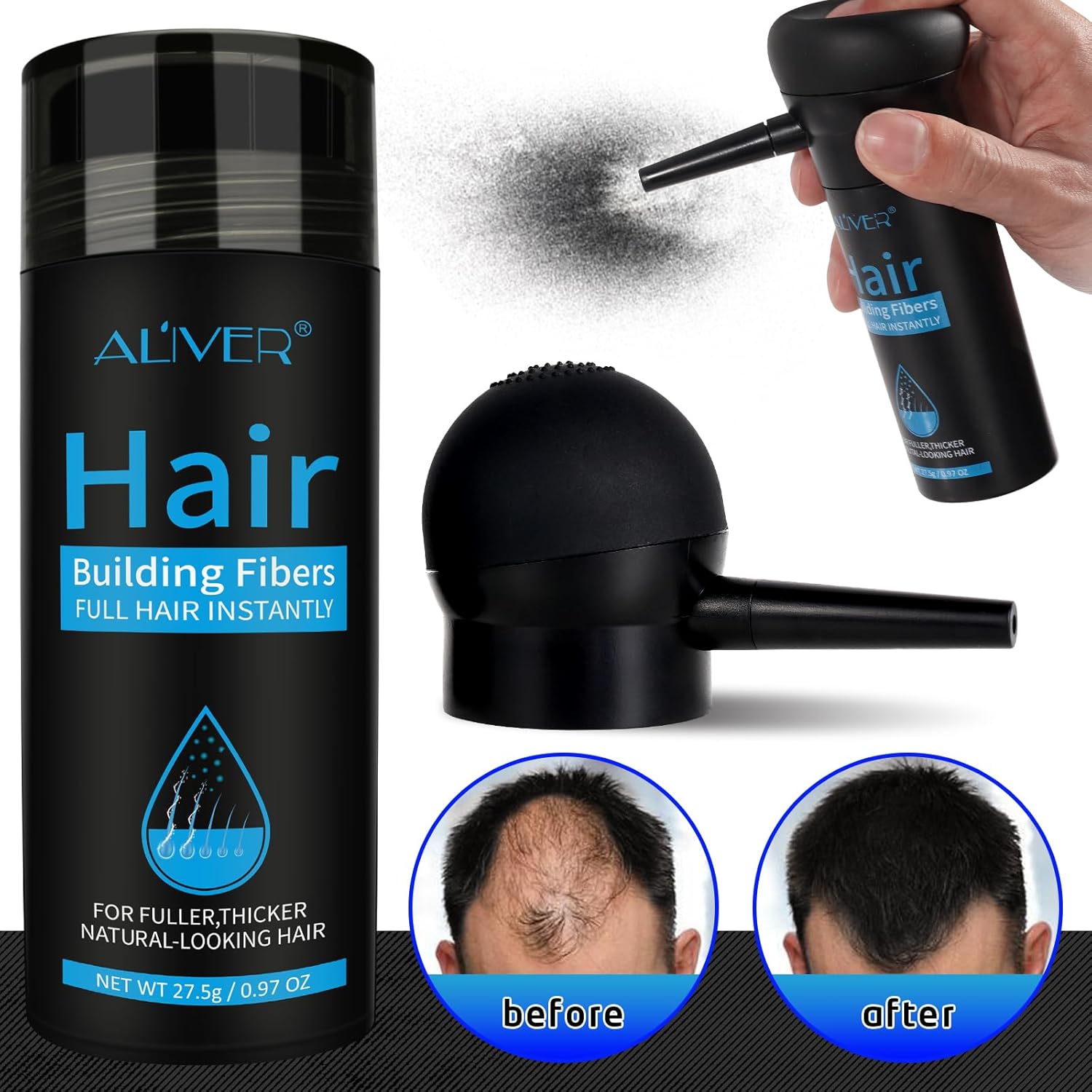 Thumbnail 2 de ALIVER Hair Fibers for Thinning Hair (Extra Spray Applicator) — Black Hair Powder Bald Spot Cover Up
