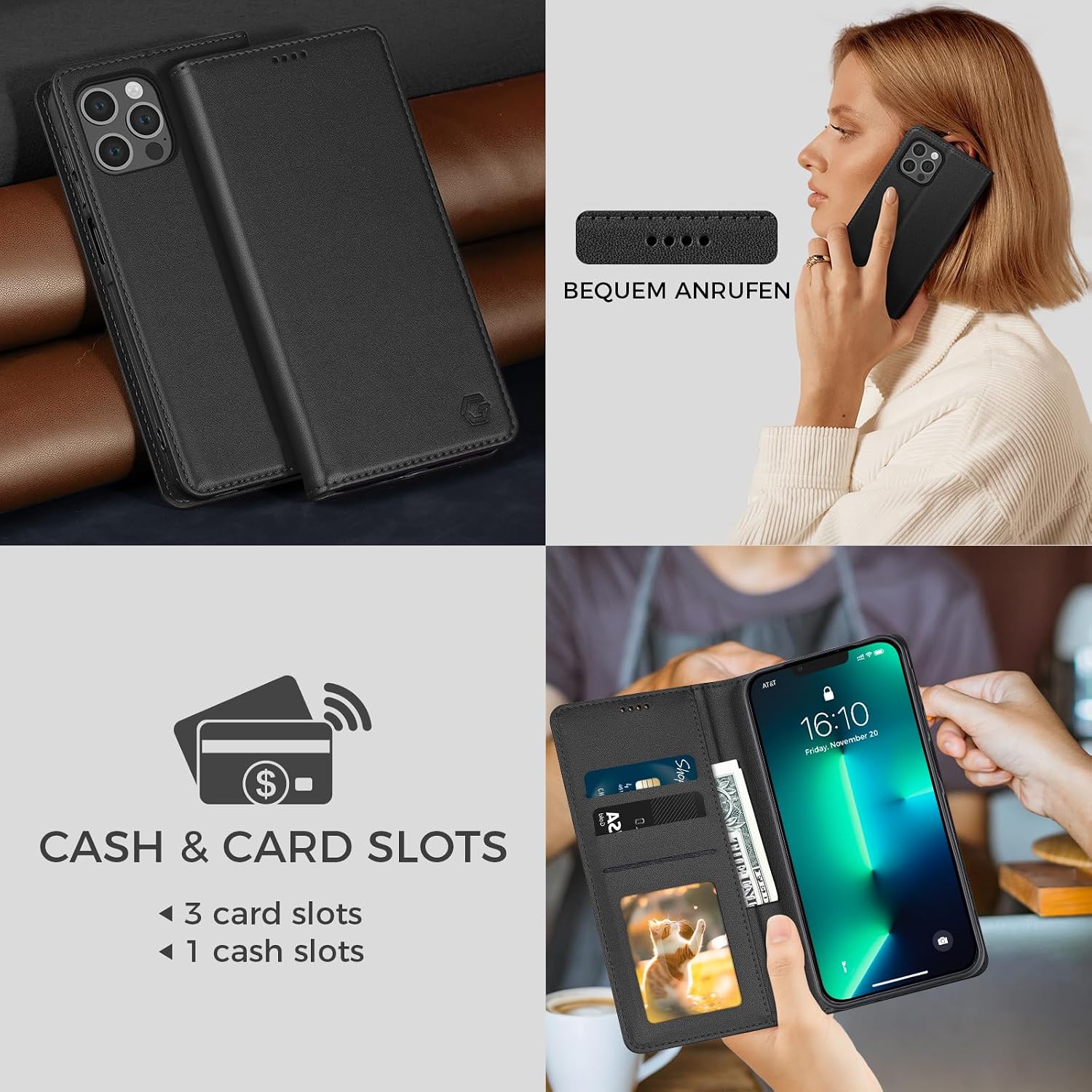 Detalle de Kirnntca Handyhülle für iPhone 13 Pro Max – Flip Case mit Kartenfach, Standfunktion und Magnetverschluß
