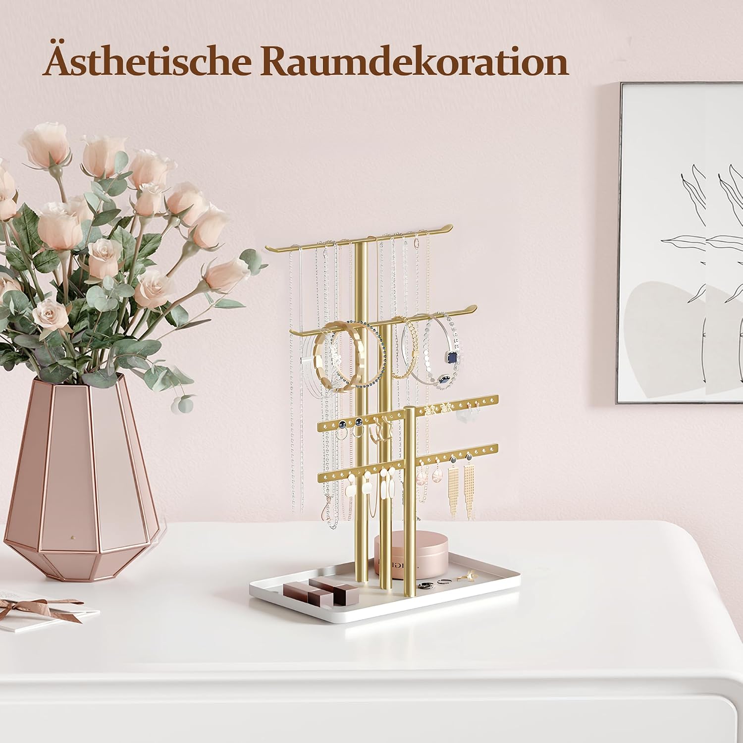 Thumbnail 4 de Schmuck Organizer 32cm Groß — 4 Ebenen, stabiler Schmuckaufbewahrungsschrank von pickpiff (Gold/Weiß)