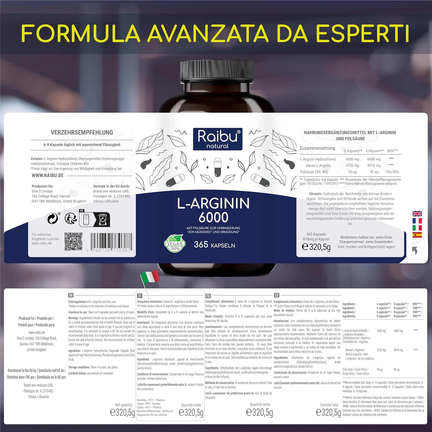 Thumbnail 2 de L-Arginina Vegane 365 Capsule di RAIBU — 6000 mg per dose giornaliera, puro e testato in laboratorio