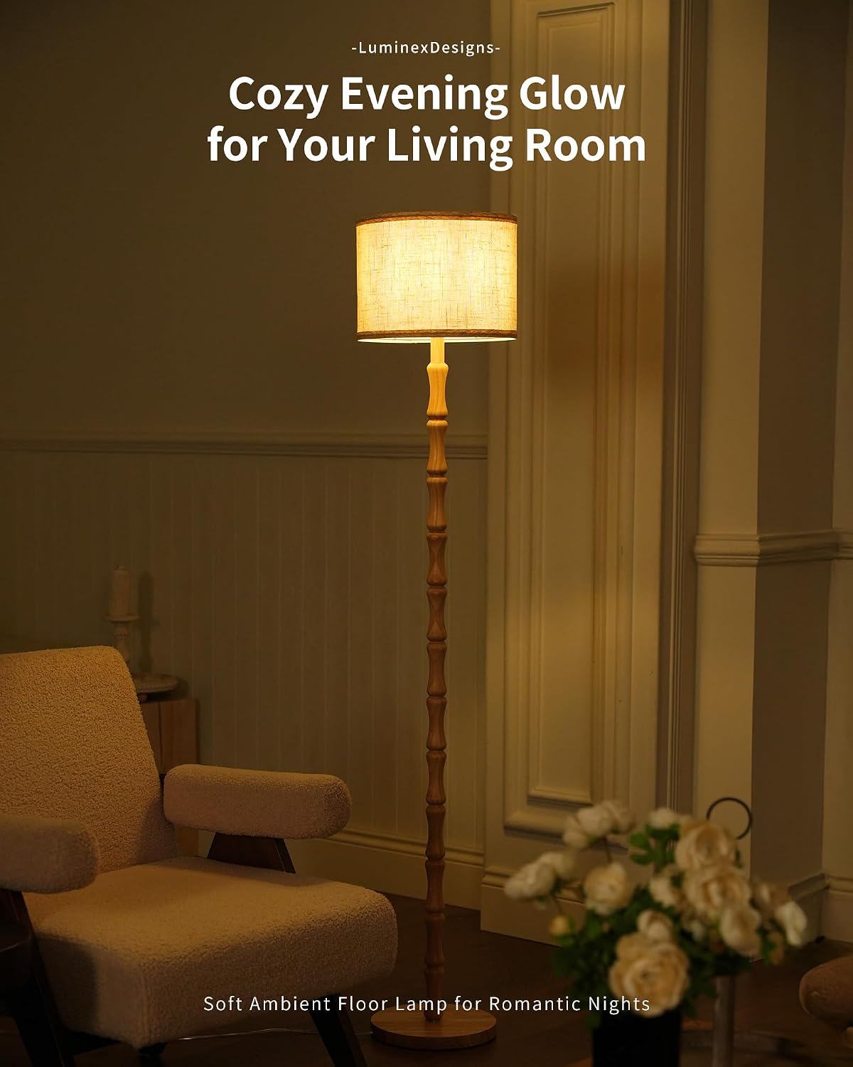 Detalle 2 de LuminexDesigns Wood Floor Lamp for Living Room (167cm) — Natural Oak with Beige Linen Shade, E27 Socket