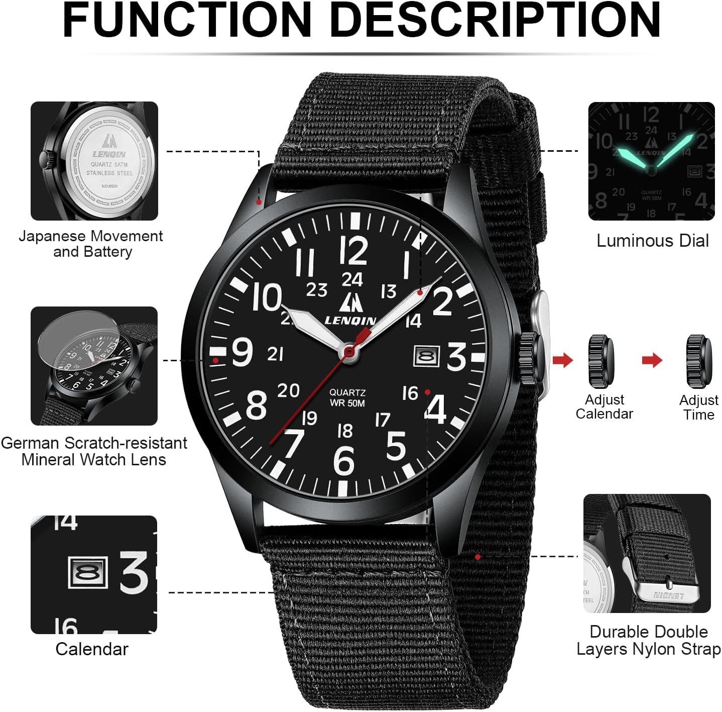 Detalle 2 de LN LENQIN 42 mm Militär Herren Uhr