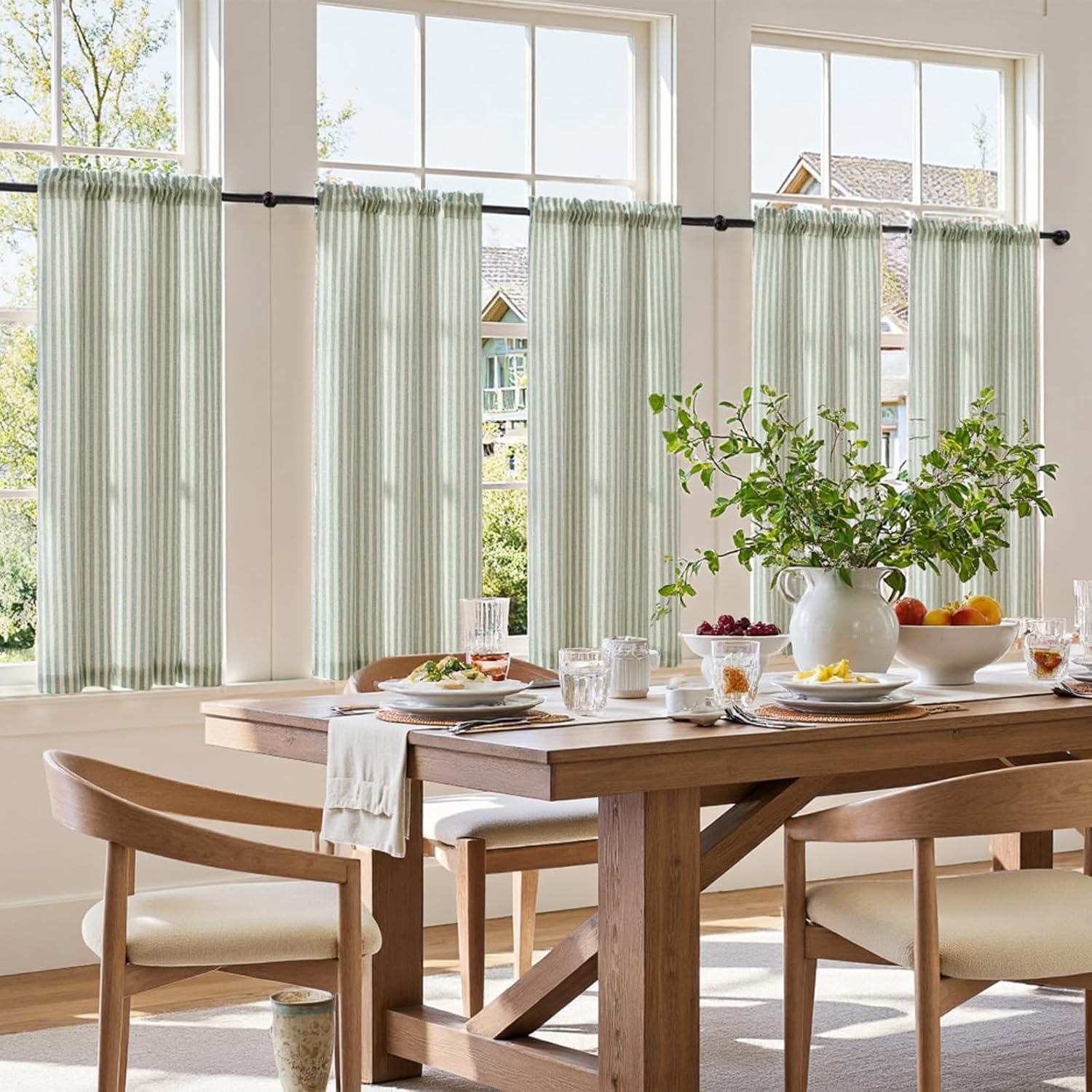 Detalle de TOPICK Rideaux de Cuisine Court Brise Bise Vert sur Beige 65 x 90 cm — Lot de 2, translucides avec passe-tringle