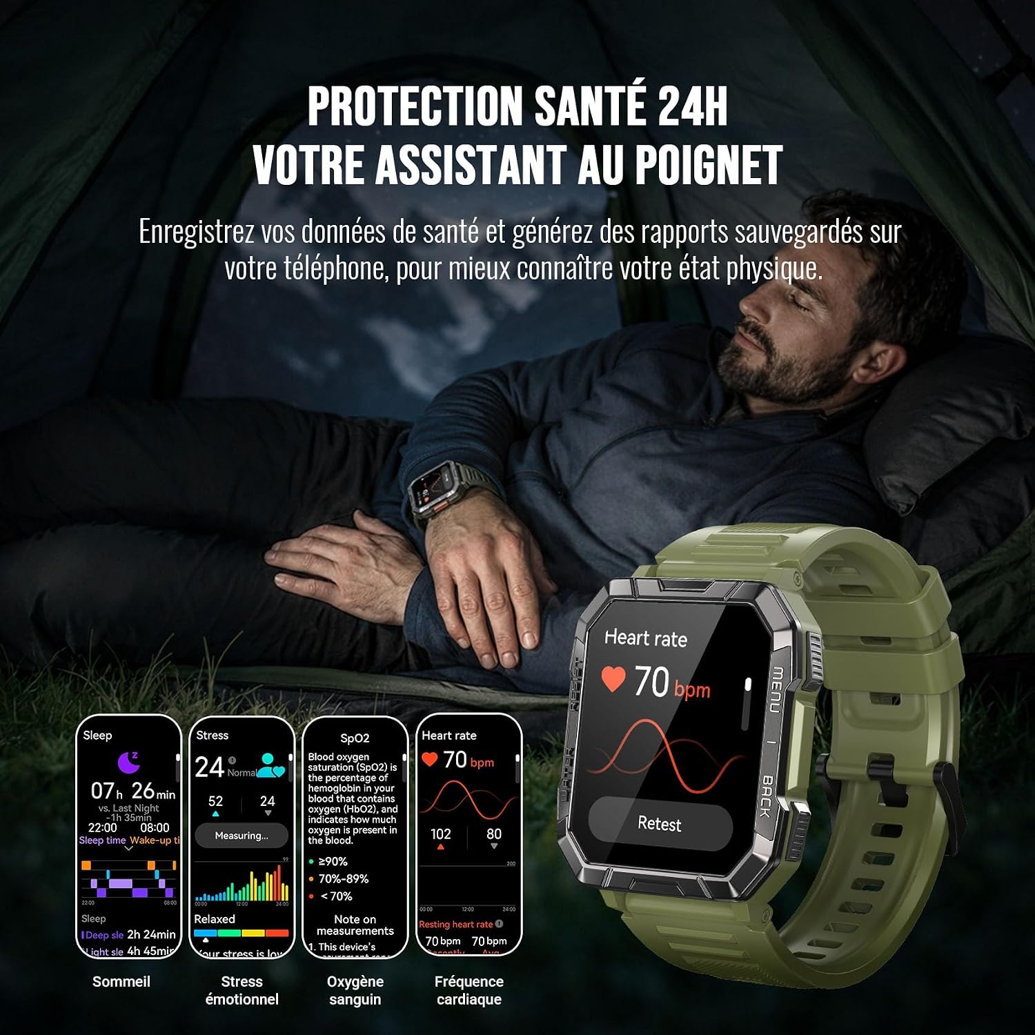 Detalle 2 de Blackview Montre Connectée Homme Militaire avec Torche LED SOS, Boussole et 100 Jours d’Autonomie