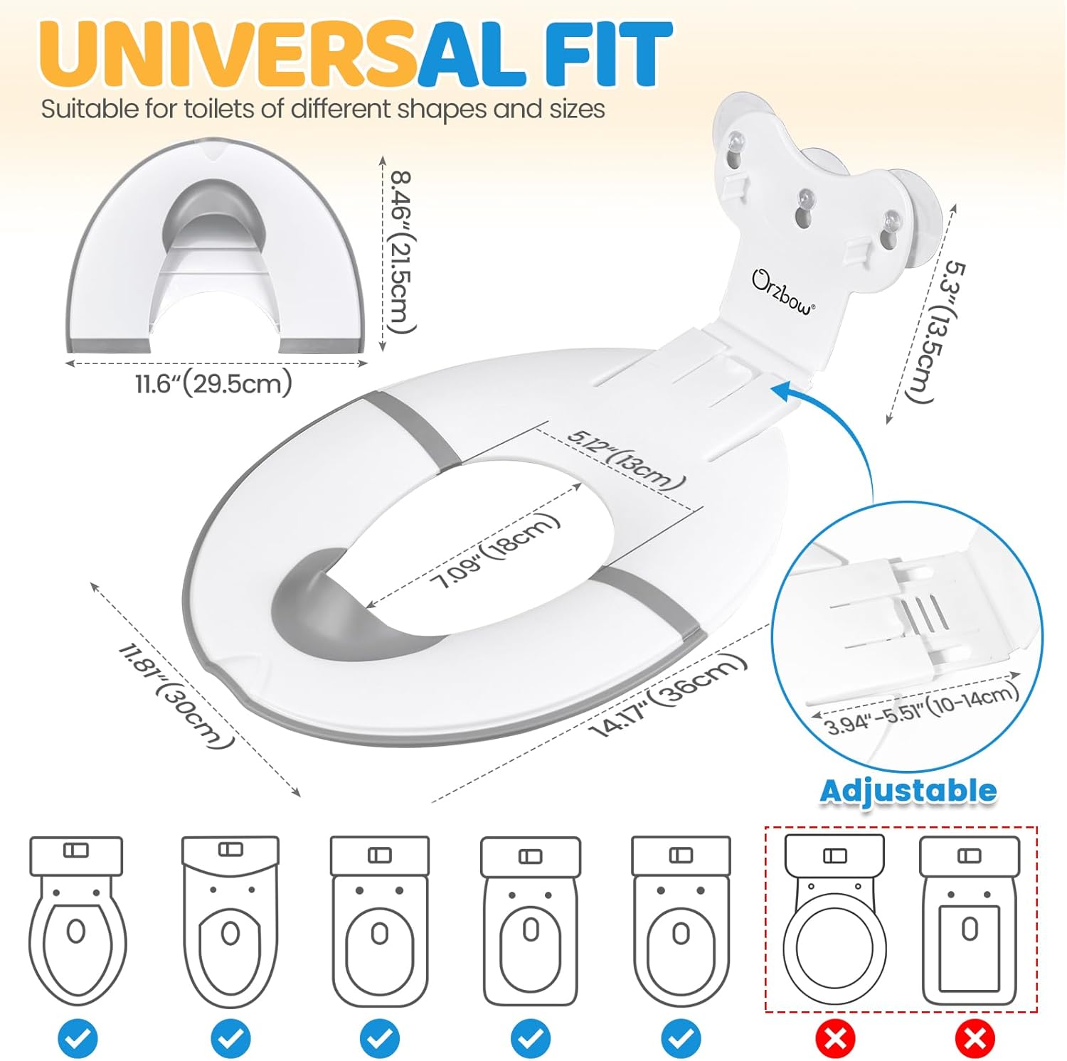 Thumbnail 2 de Orzbow Réducteur de toilette pour enfant pliable — longueur ajustable 40–44 cm avec ventouses et barrière en caoutchouc