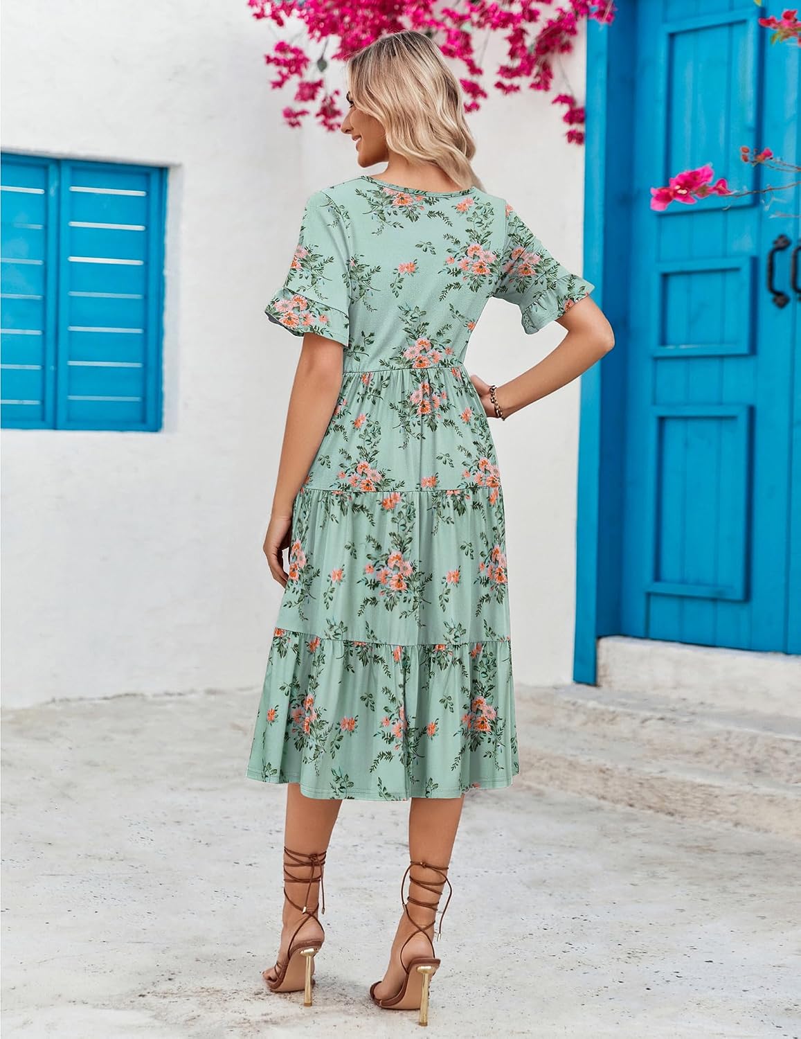 Detalle de ZEAGOO Women's Summer Dresses Midi Tiered Floral V Neck Ruffle Short Sleeve with Pockets