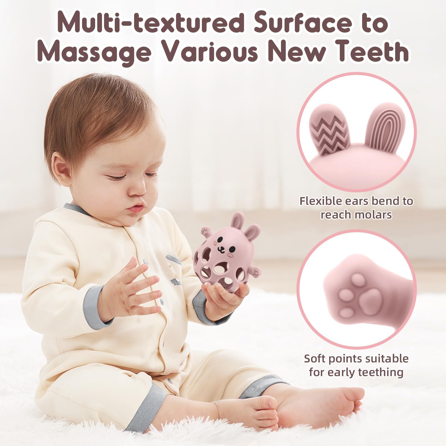 Detalle de Baby Sensory Teething Toy with Rattle for Newborn to 18 Months: Silicone Bunny Chew Toy