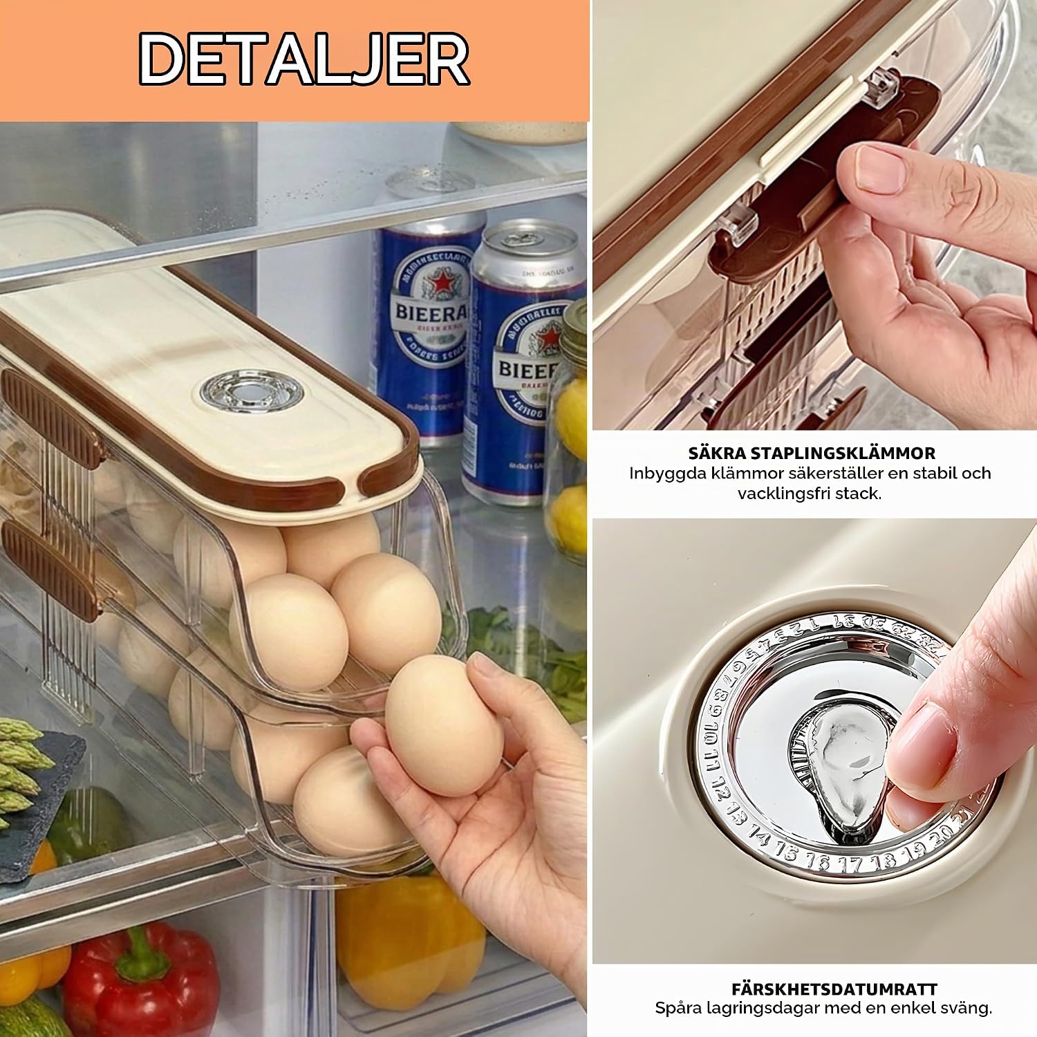 Detalle de MAGIC SELECT H8719 äggförvaring med automatisk dispenser, två nivåer och plats för cirka 28 ägg