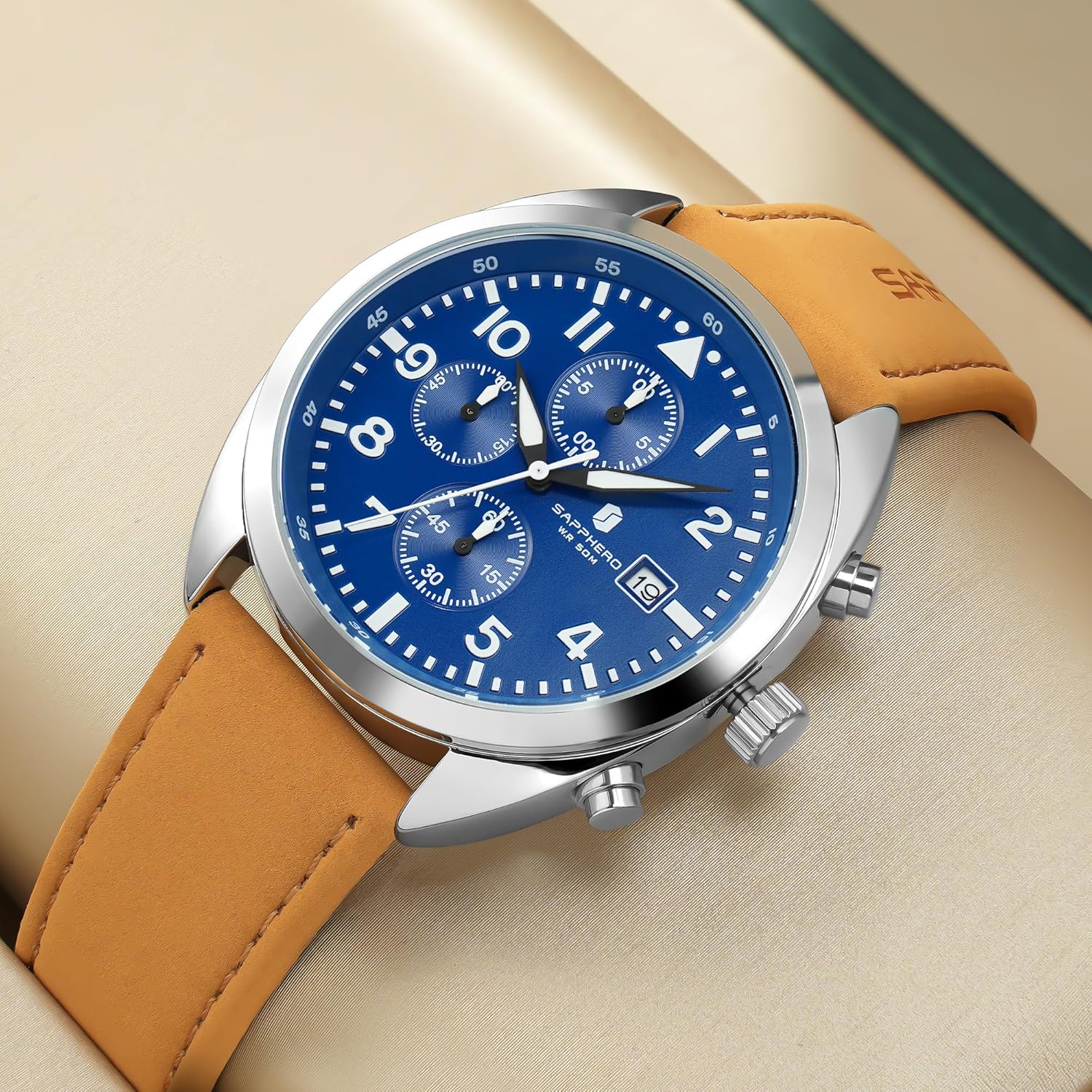 Detalle de SAPPHERO Montre Homme - Chronographe en cuir, cadran arabe, étui cadeau