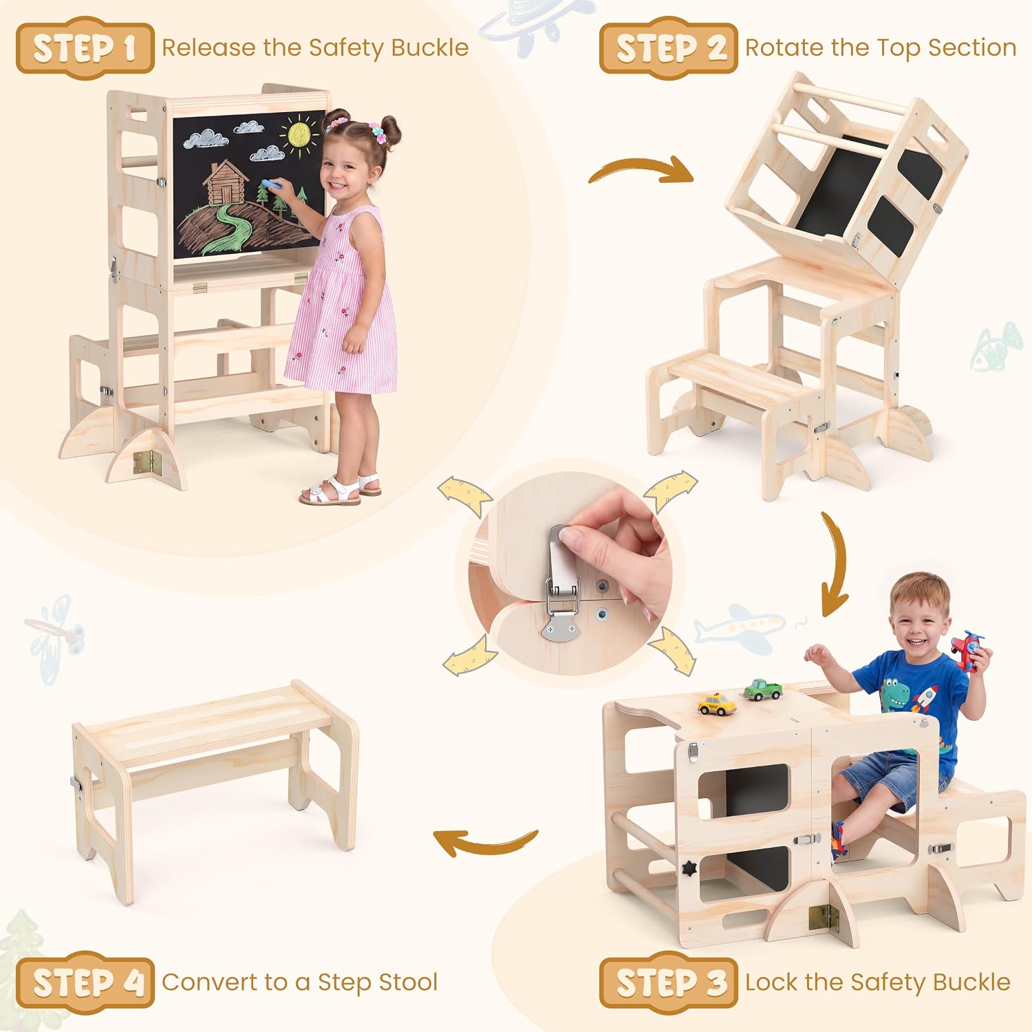 Detalle 2 de Toddler Kitchen Step Stool 4-in-1 Foldable Standing Tower with Blackboard (Ages 18 Months to 4 Years)