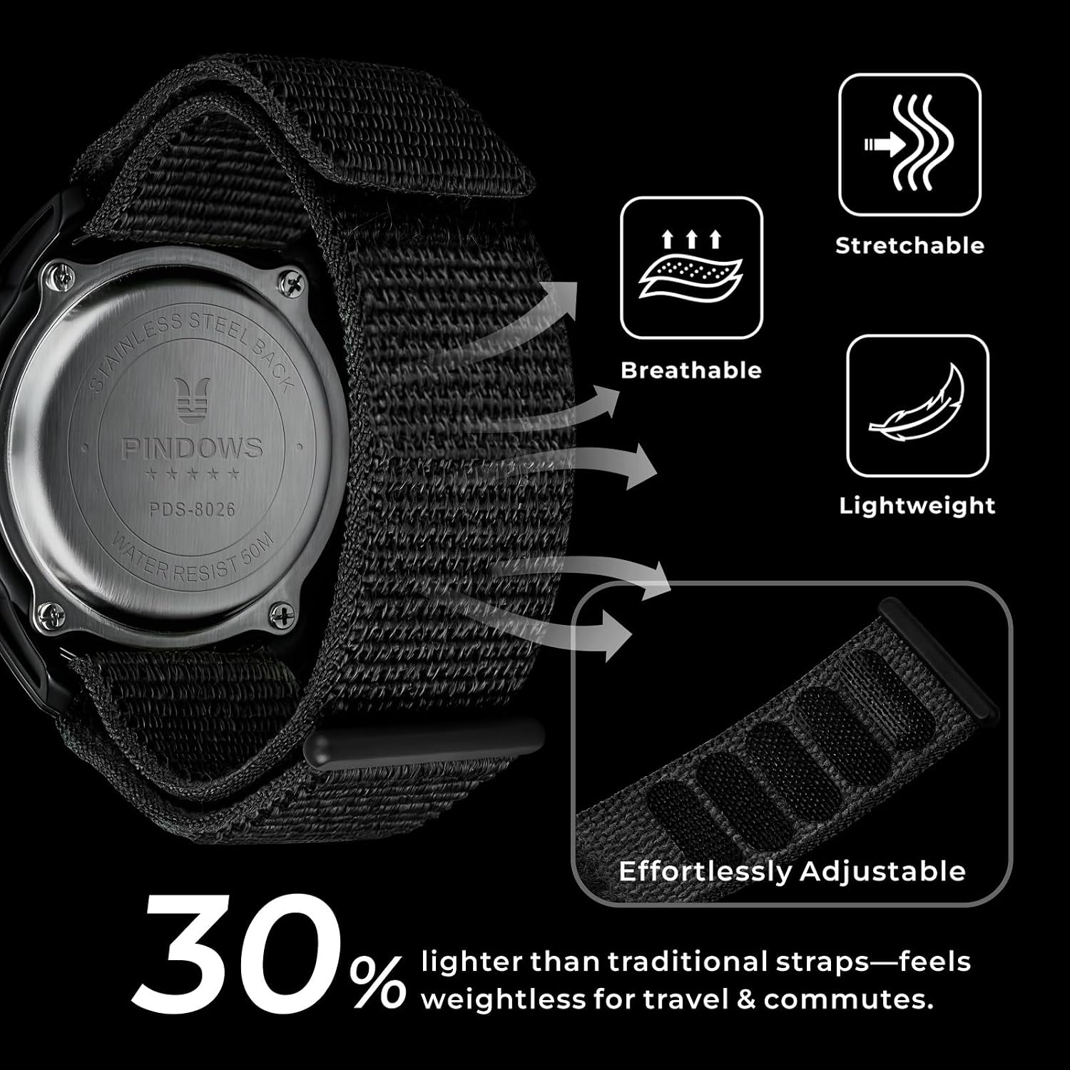 Detalle de PINDOWS Mens Digital Watch: 50m Waterproof, Army-Grade Durability with Velcro Strap