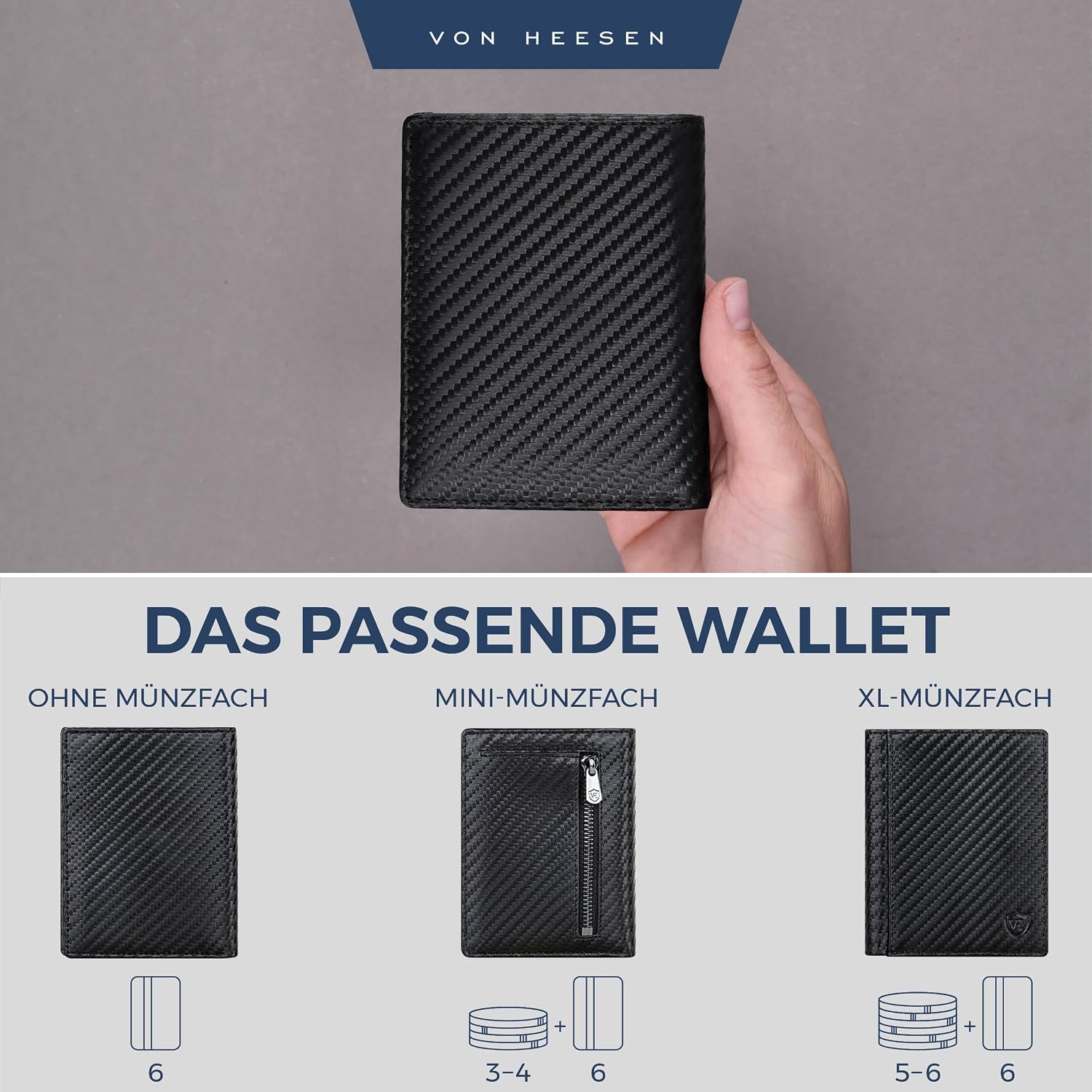 Detalle 2 de VON HEESEN Herren-Leder-Geldbörse Carbon-Schwarz mit RFID-Schutz