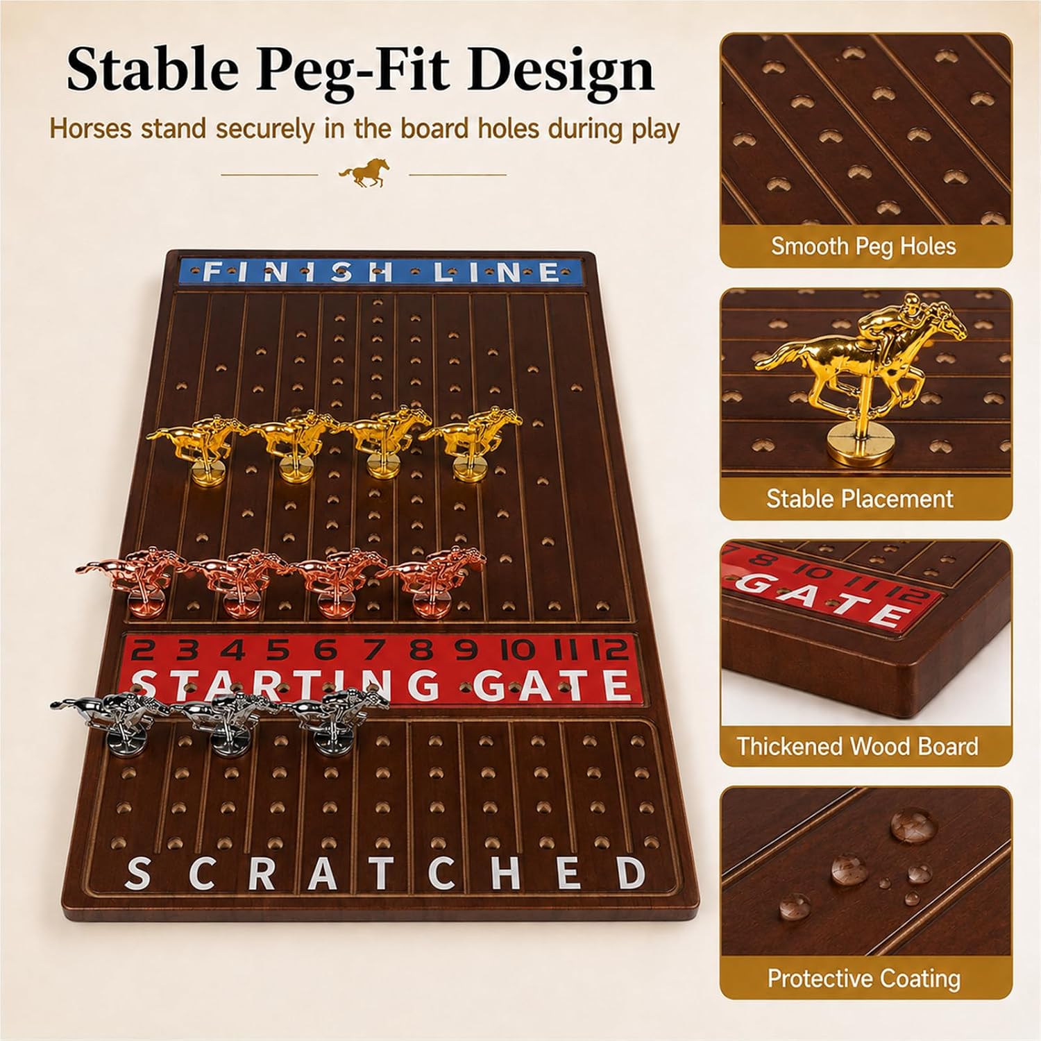 Detalle de Jyquorp Metal Horse Race Board Game – Walnut, Thick Solid Wood Racing Set with 11 Metal Horses