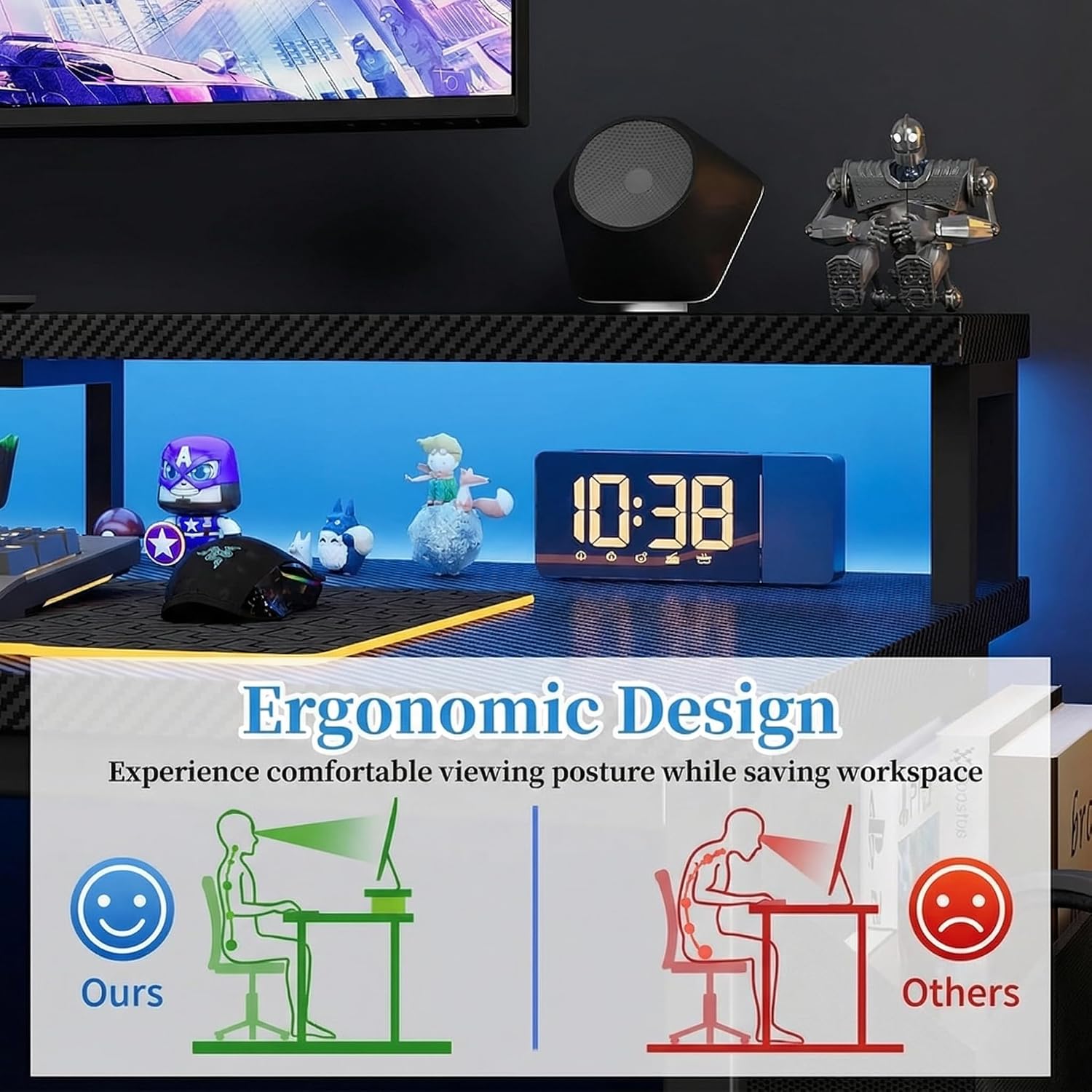 Thumbnail 5 de Grandder 100cm Reversible L-Shaped Gaming Desk with Power Sockets & LED Lights