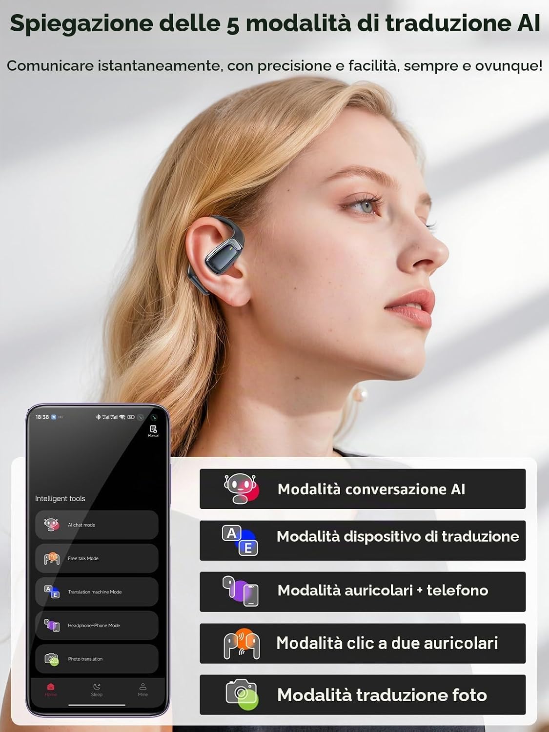 Thumbnail 3 de AI Cuffie Traduzione Simultanea 3-in-1: Auricolari Bluetooth 5.4 con 134 lingue, ENC e 60 ore di autonomia