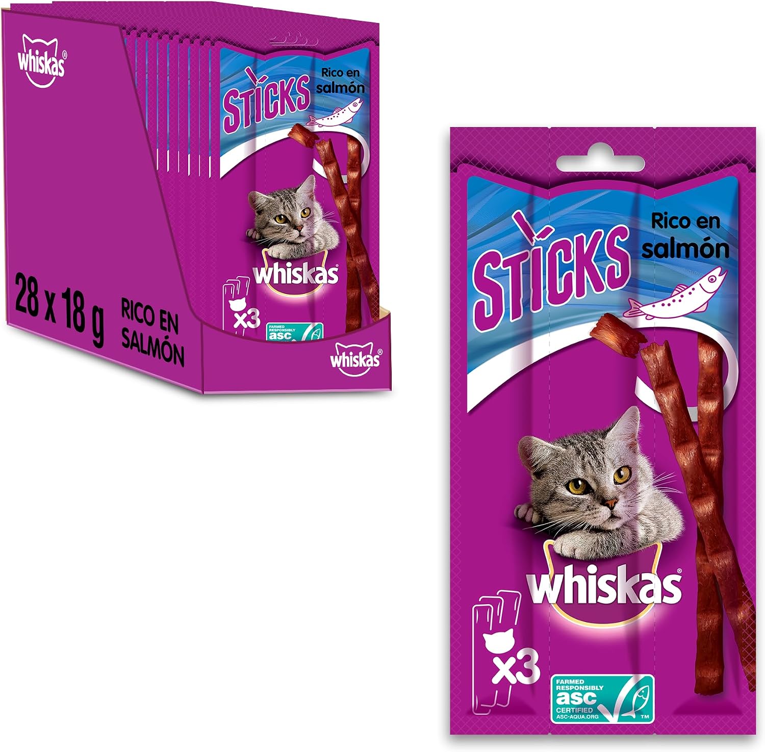 Detalle de Whiskas Sticks – Friandises pour chat adulte en bâtonnets, 90% poissons – 28 sachets de 3 bâtonnets