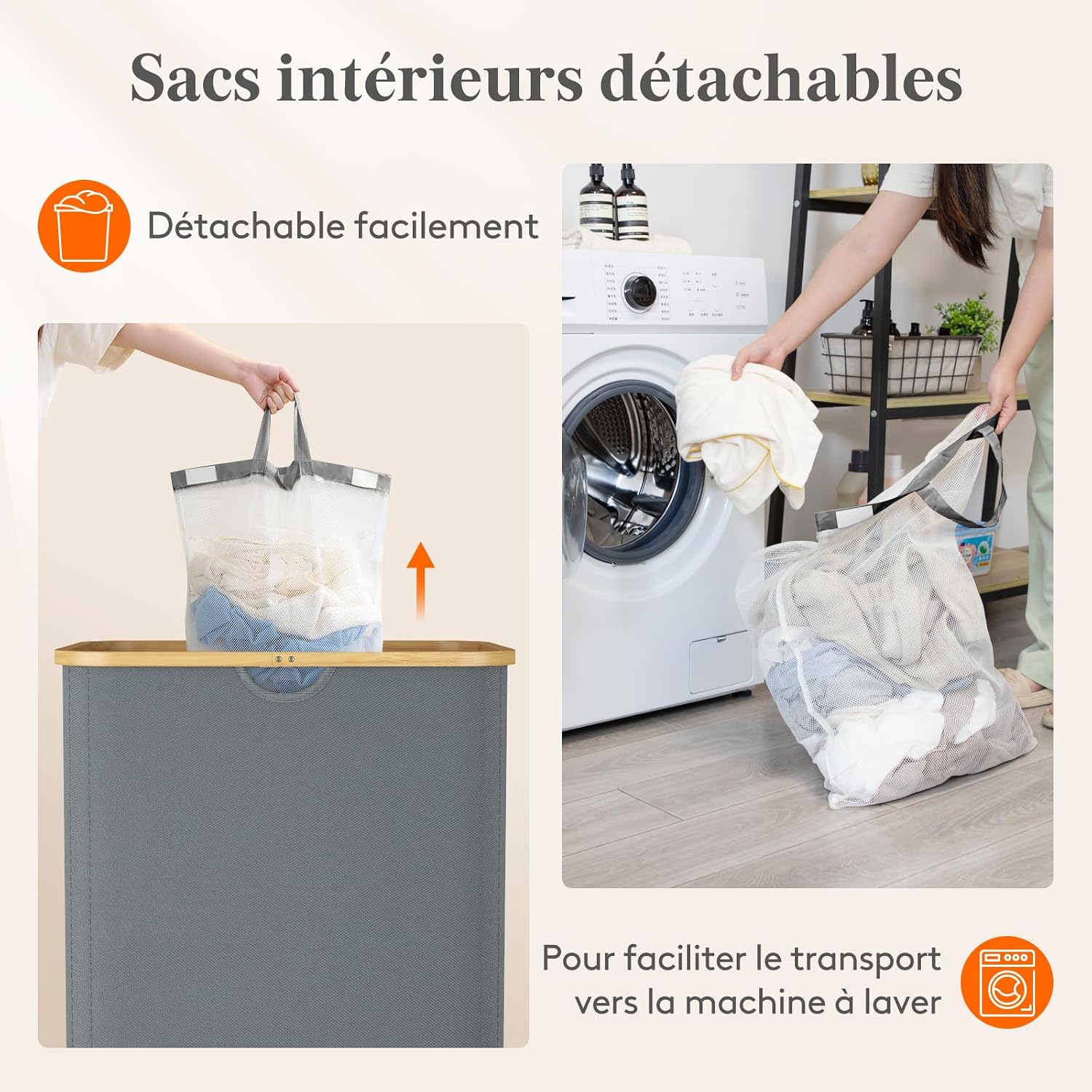 Detalle de Lifewit 23156 wasmand 150 l met deksel, bamboe en 3 uitneembare zakken