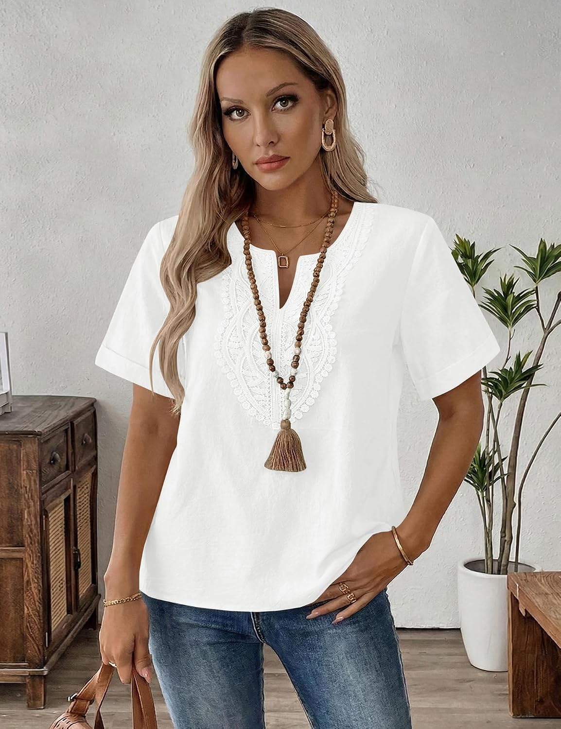 Detalle de Rapbin Women's Short Sleeve Cotton-Linen Lace V-Neck Tunic Top