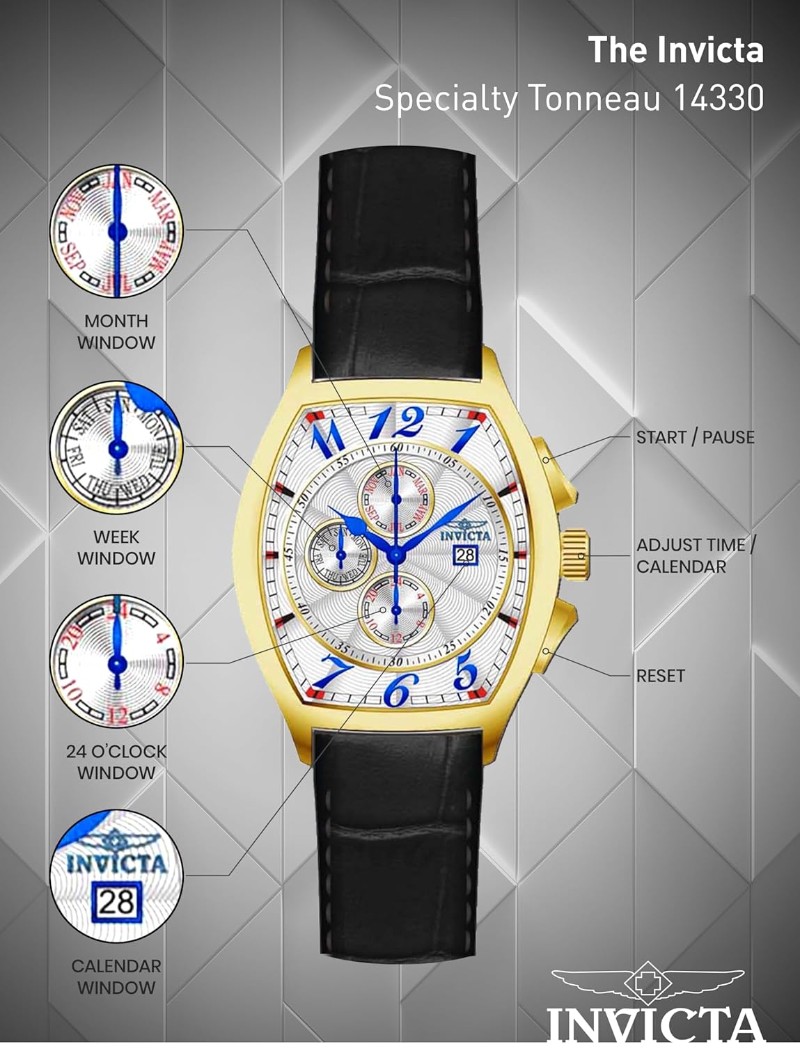 Detalle de Invicta Specialty 14330 Montre Homme — Étanche, analogique, quartz, acier inoxydable, cadran blanc, 43 mm
