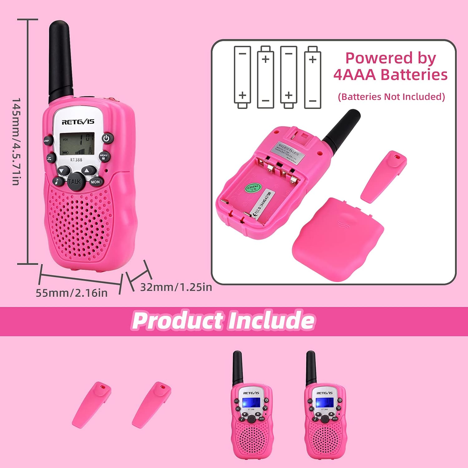 Thumbnail 6 de Retevis RT388 talkie-walkie enfants (rose) – portée longue, 8 canaux et 99 codes de confidentialité