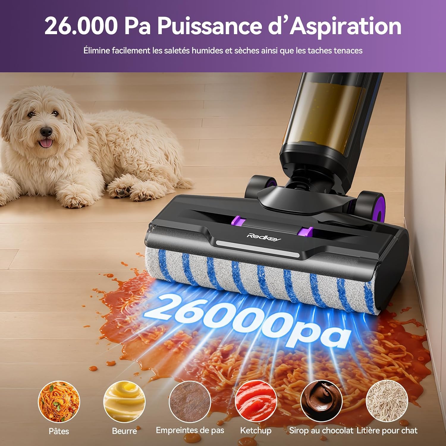 Detalle de Redkey W15 – Aspirateur Balai Laveur sans Fil 3 en 1 (26.000 Pa)