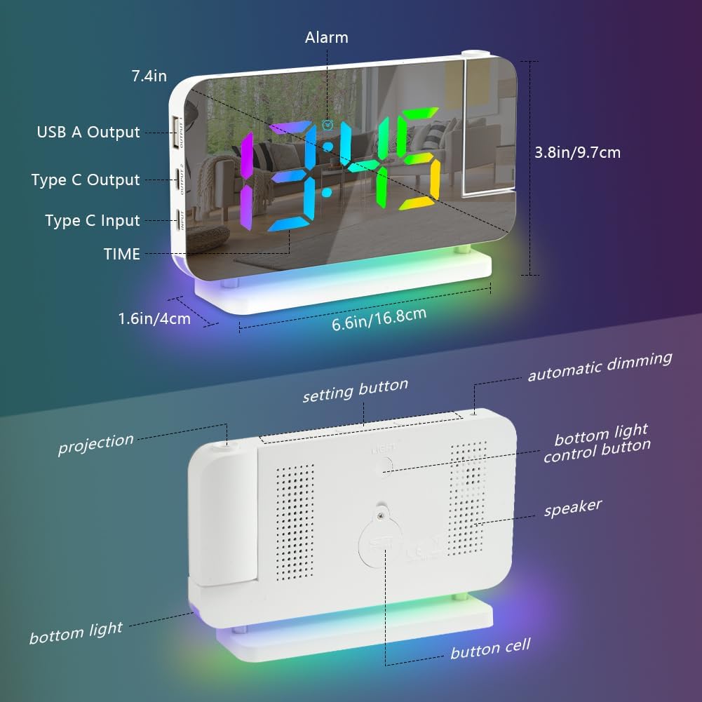 Detalle 2 de Adiwo Réveil à Projection 180° – Horloge LED avec Projecteur au plafond et lumière ambiante RVB