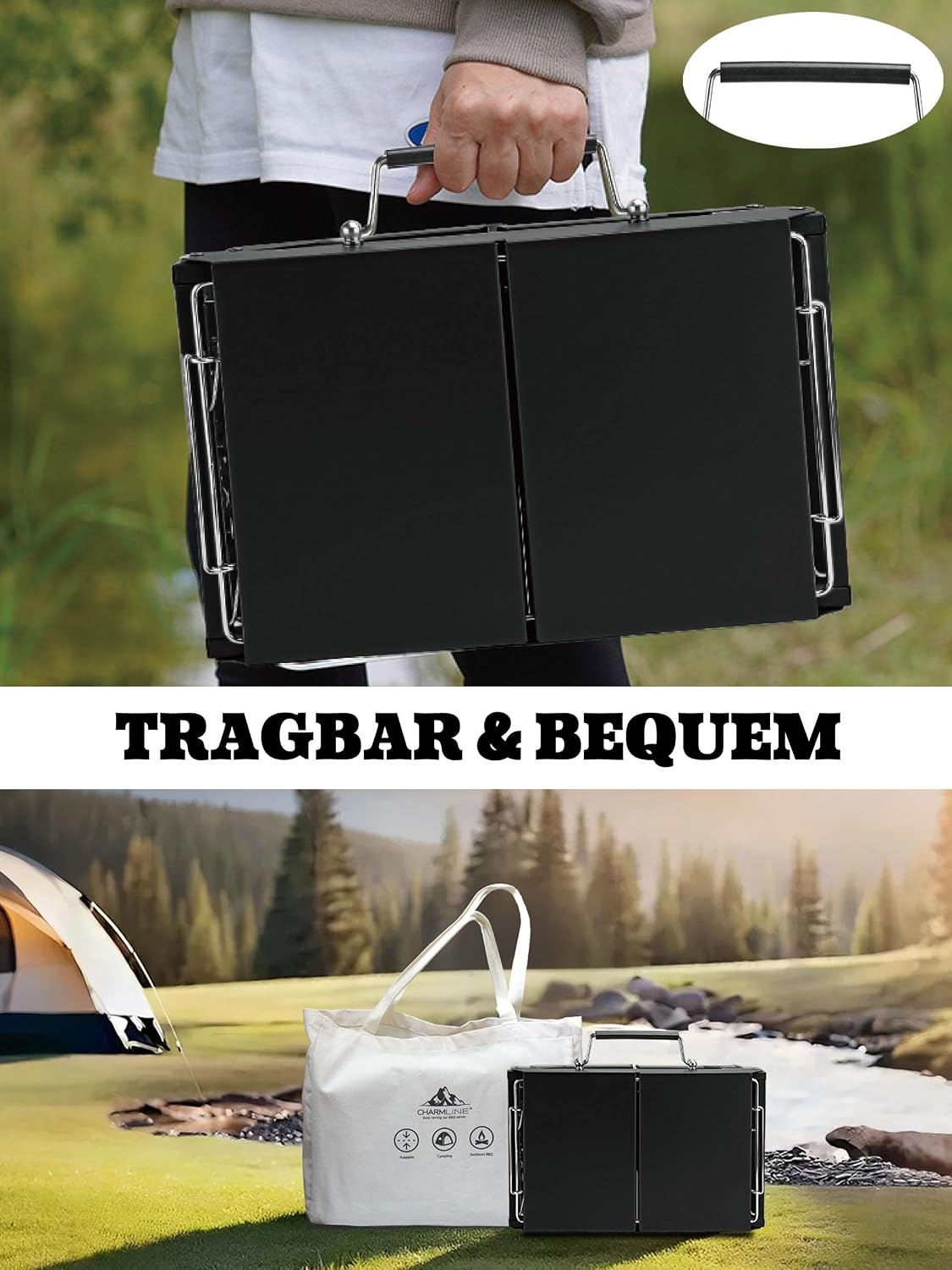 Detalle de Charmline Tragbarer Holzkohlegrill – Klappbarer Campinggrill, 35 x 23 cm für 1–3 Personen