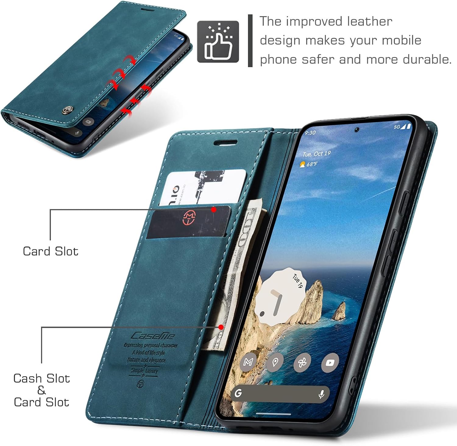 Thumbnail 1 de Cracedily Handyhülle für Google Pixel 9 – Klapphülle mit Kartenfächern, Magnetverschluss und Standfunktion (blaugrün)