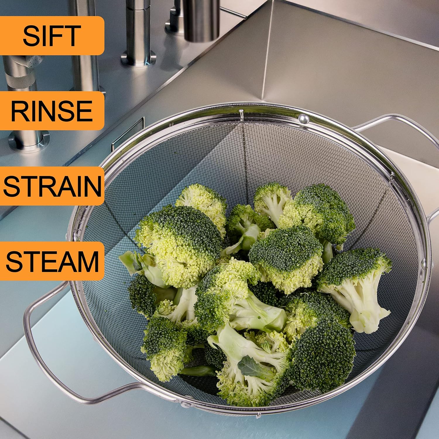 Thumbnail 5 de 3-Pack 18/8 Stainless Steel Colander Sieves (5-Quart, 4-Quart, and 3-Quart) with Handles & Resting Base