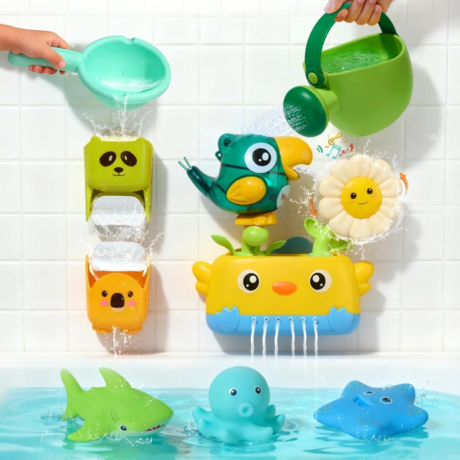 Detalle de Toddler Bath Toys for 1–4 Years: Mould-Free Water Play Set with Bird Figurine, Rotating Cups and Spill-Back Whistle