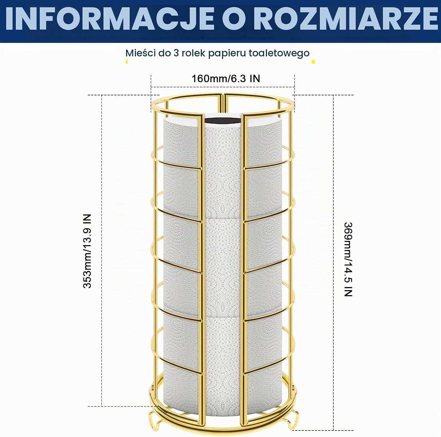 Detalle 2 de NearMoon stojak na papier toaletowy na 3 rolki, wolnostojący, złoty