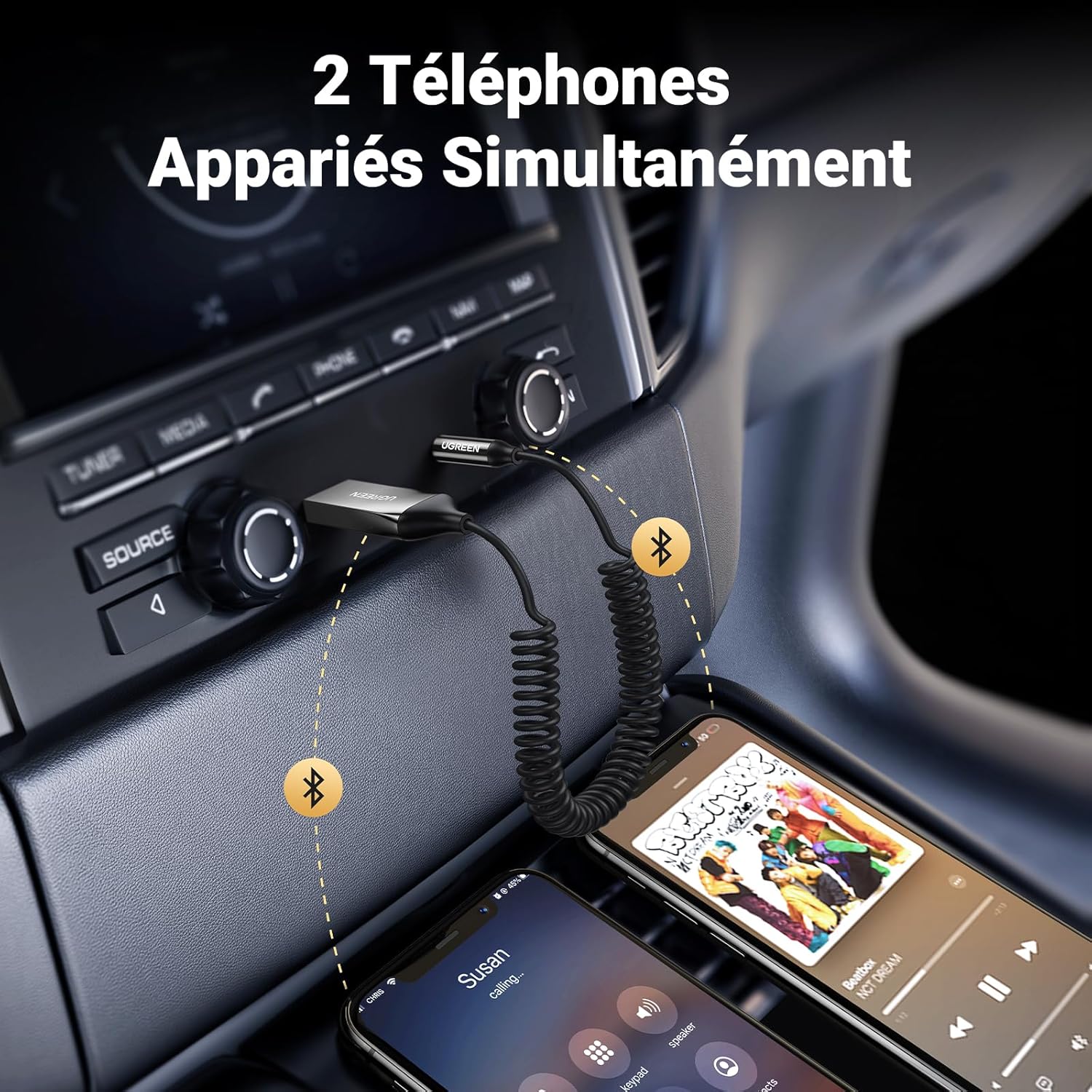 Thumbnail 5 de UGREEN Adaptateur Jack Bluetooth 6.0 pour voiture (récepteur Aux 3,5 mm + USB) avec appels mains libres, argenté