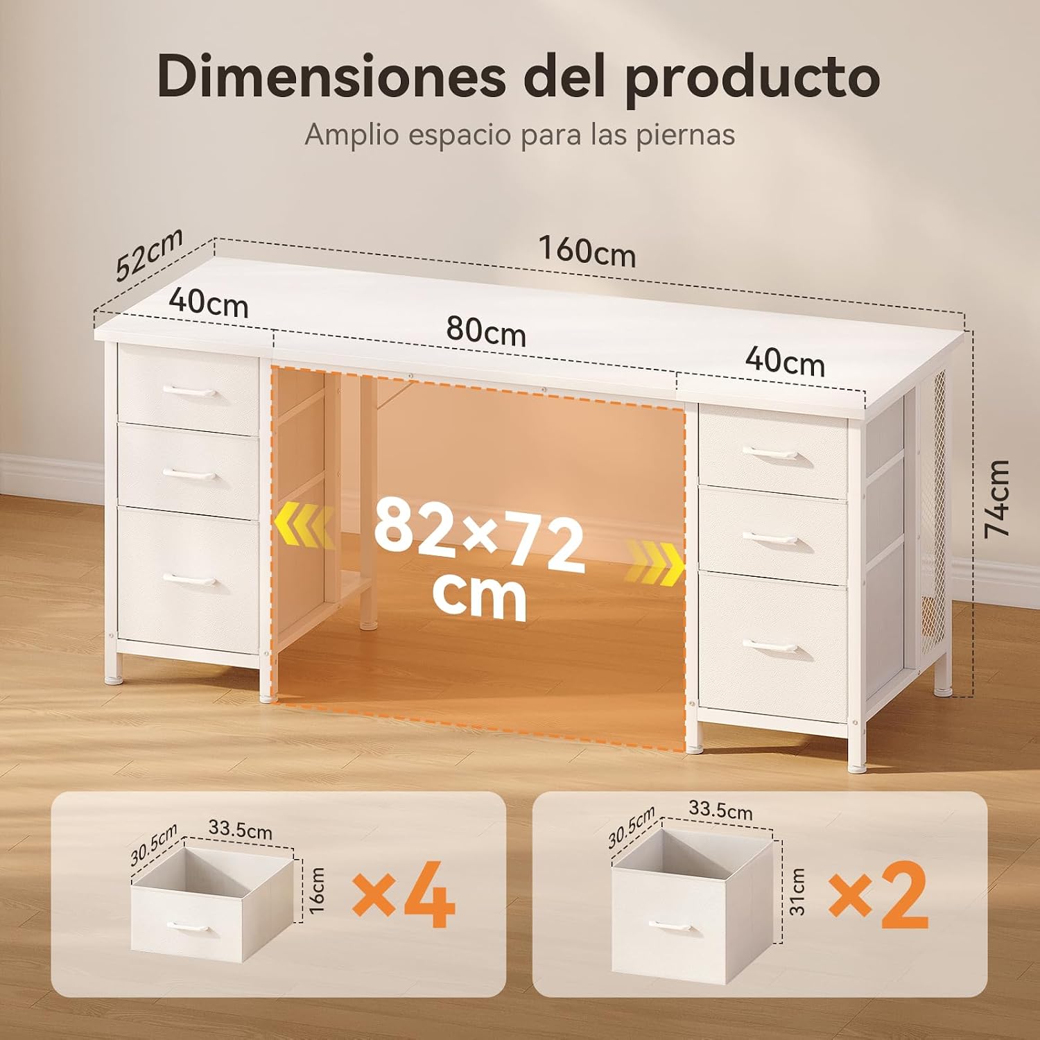 Detalle de Coleshome ODF-r24 skrivbord med 6 lådor, hylla och USB-uttag, 160 × 52 cm