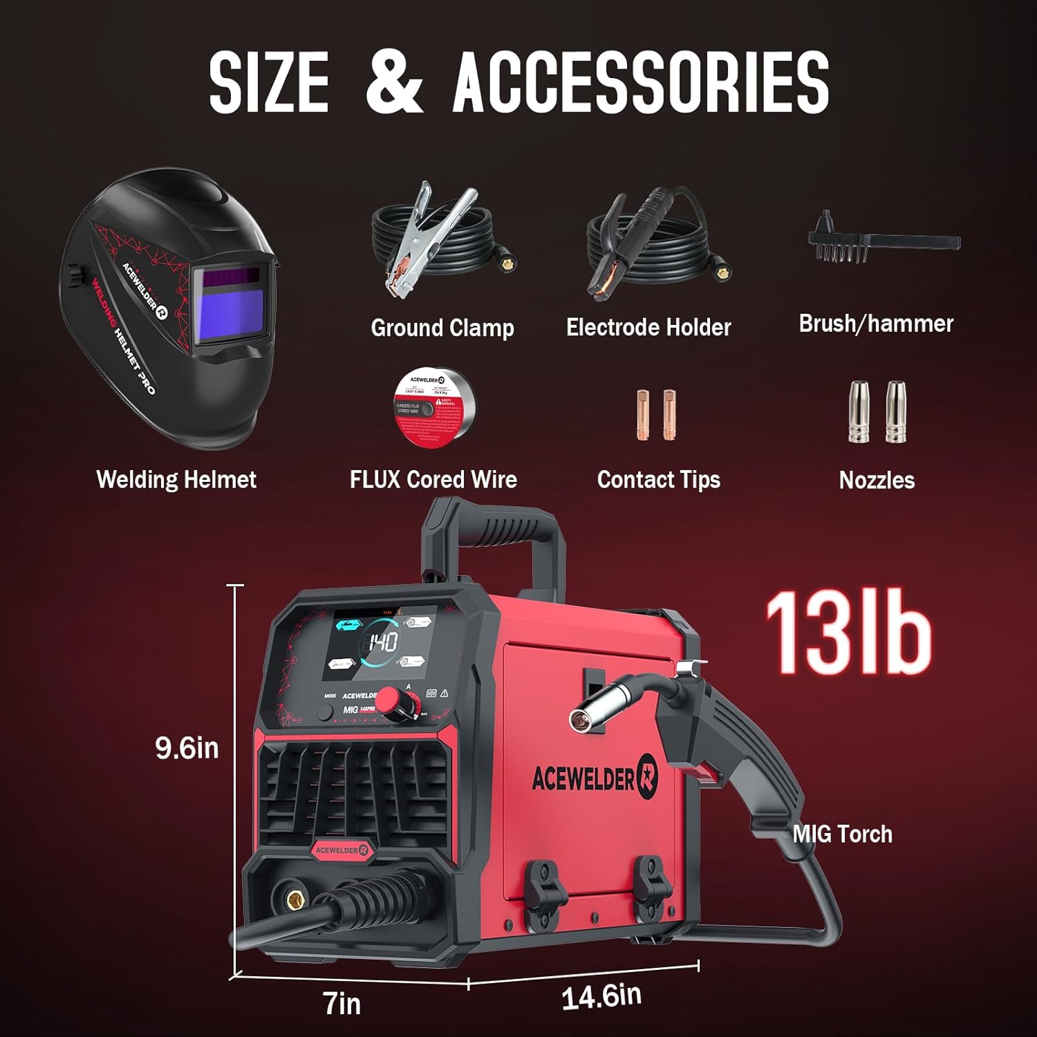 Detalle de ACEWELDER 140A MIG Welder: 3-in-1 Flux Core, MIG/LIFT TIG/Stick for 110V Portable DIY