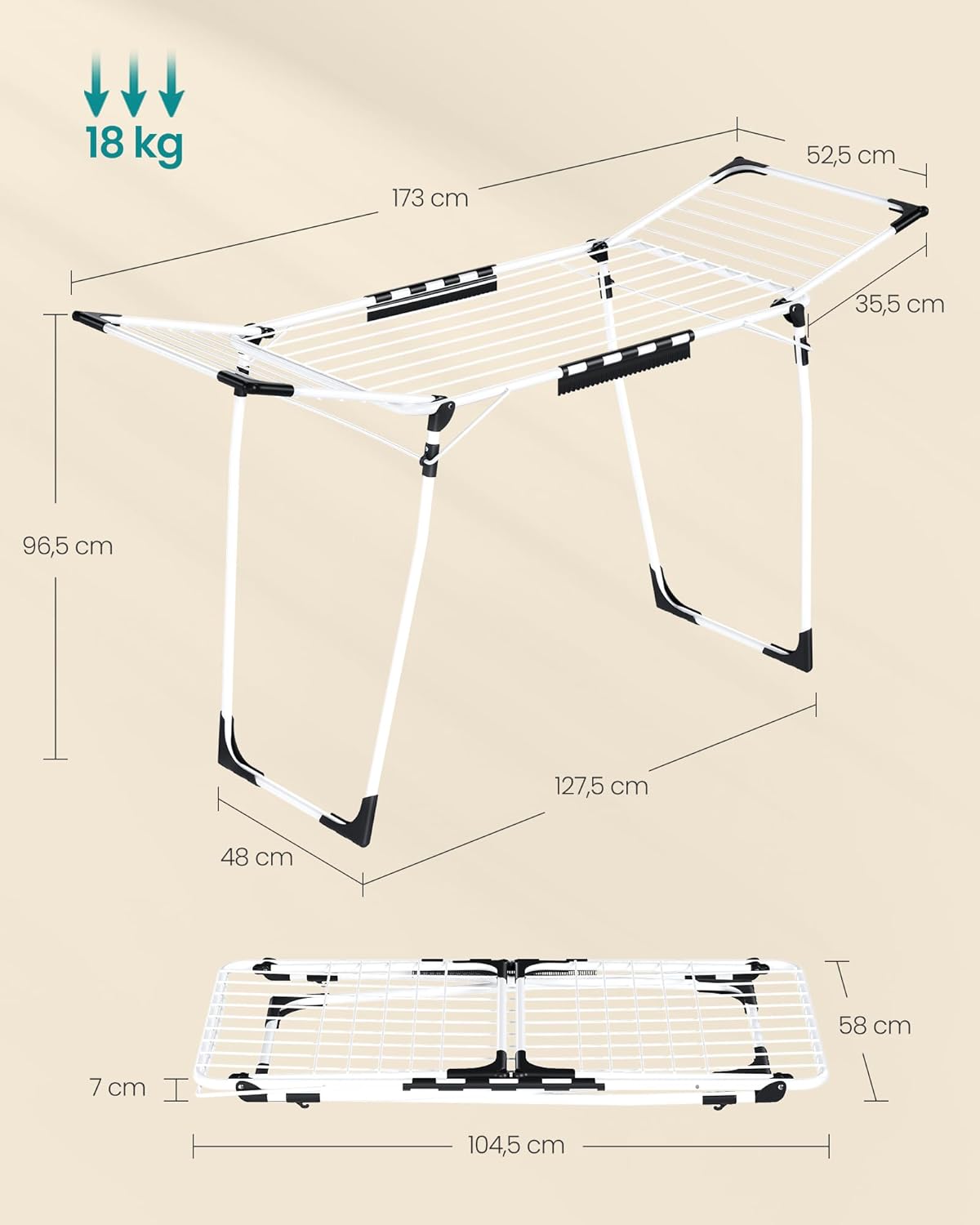 Detalle de SONGMICS Wäscheständer LLR518W01 – Standtrockner mit Flügeln, 18 m Trockenfläche, 18 kg Kapazität